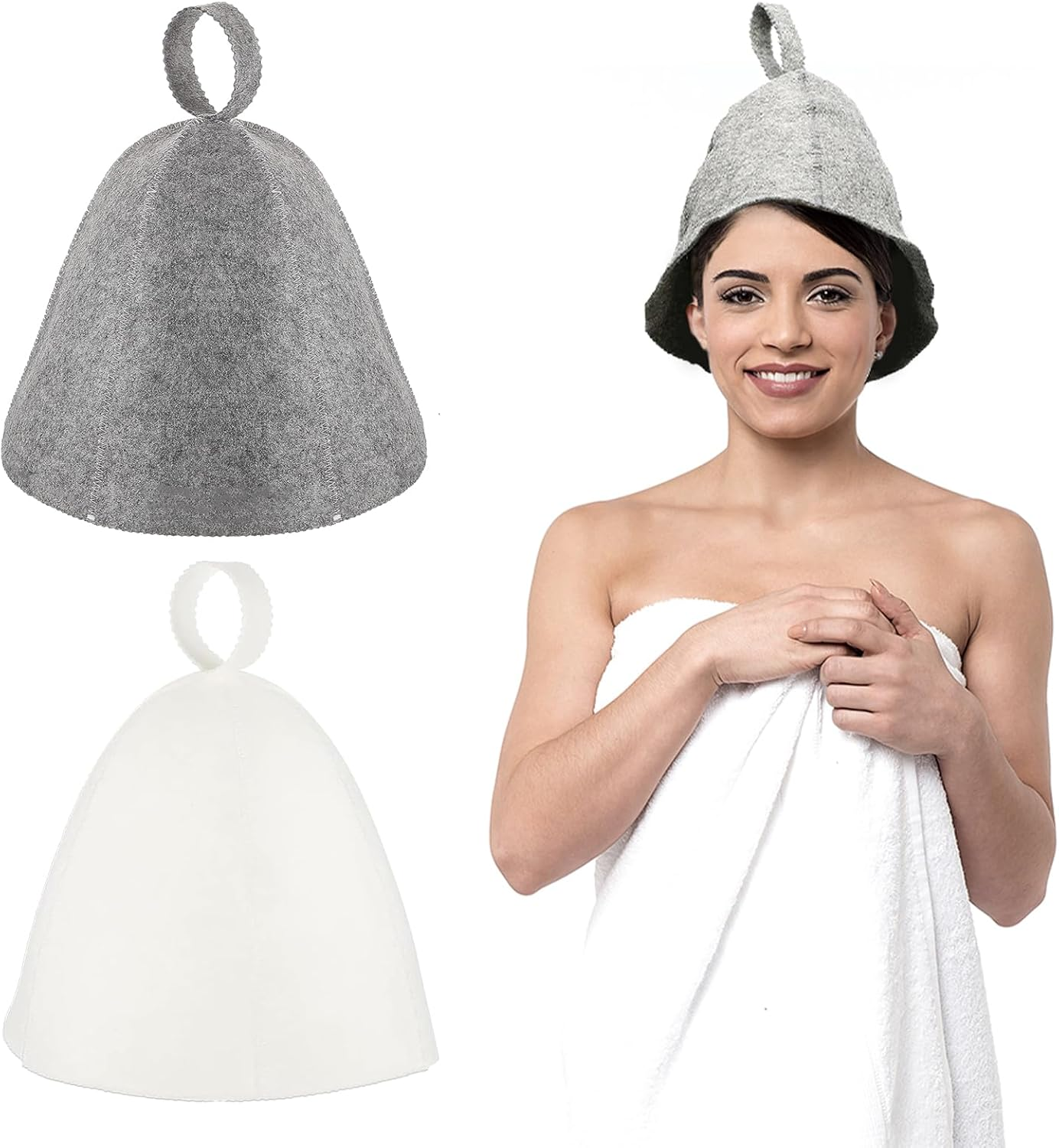 Sauna Hat, 2 Pcs Infrared Sauna Caps, Wool Sauna Hats for Women and Men, Felt Sauna Hat, Vaporarium Hat, Protect Head and Hair Bath Sauna Accessories (Grey&White, One Size) image number 2