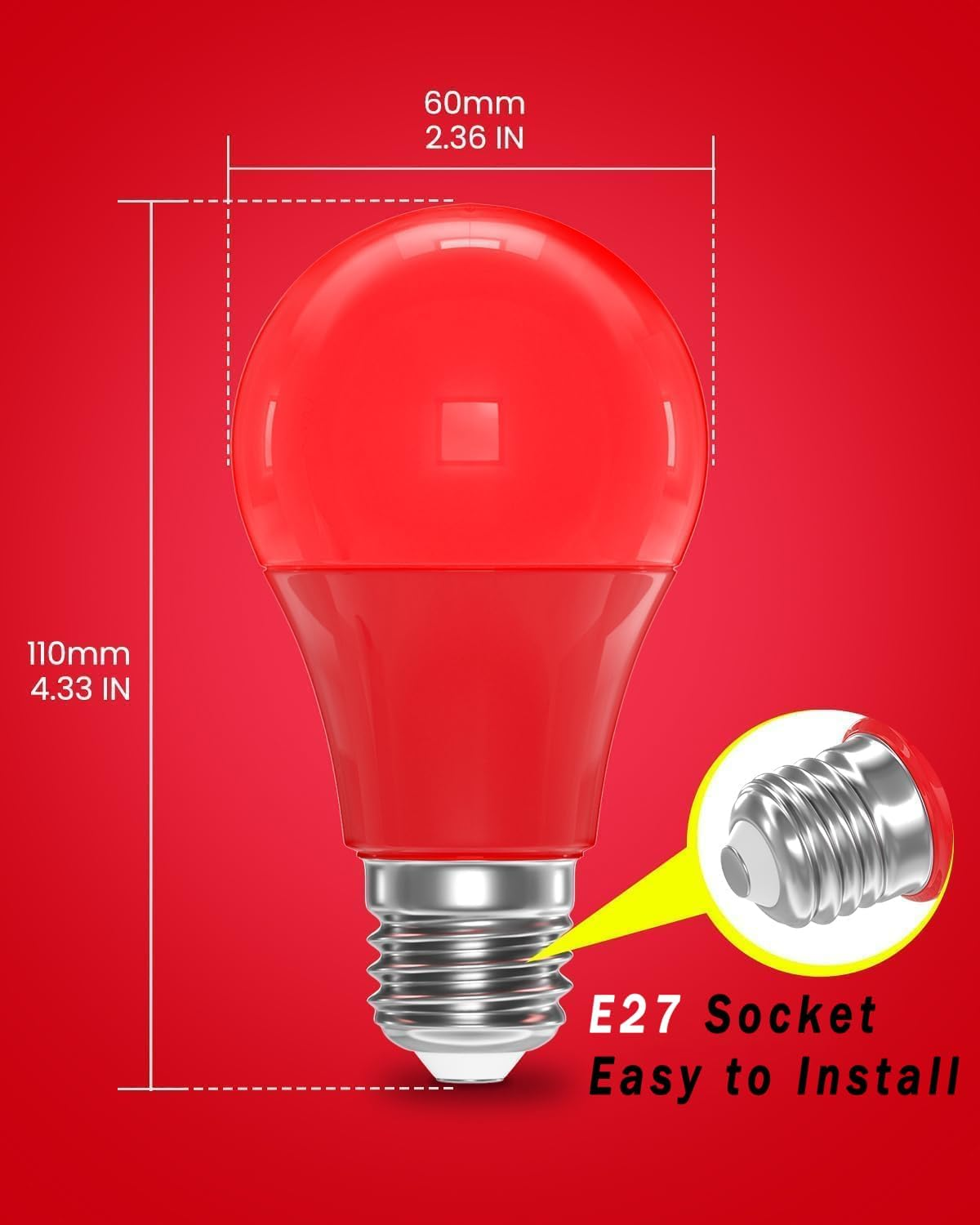 Brightark E27 Red Light Bulb, 9W LED Light Bulb, 60W Incandescent Equivalent, A60 Red Filament LED Light Bulb AC85-265V for Christmas Halloween Home Decoration Lighting, Non-Dimmable, Pack of 4 image number 6