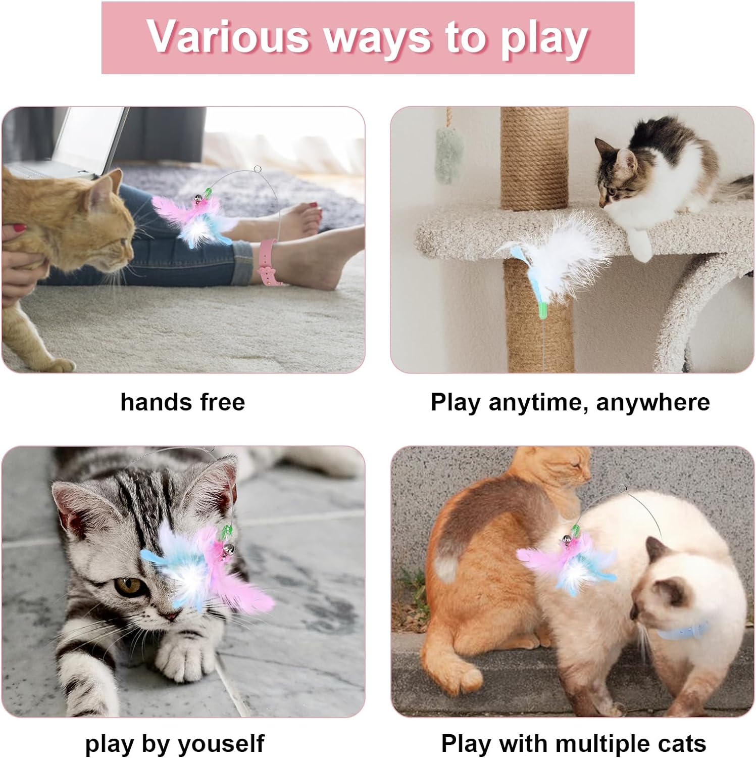 XIHIRCD 2Pcs Silicone Feather Cat Teasing Wands with Adjustable Collar, Bell Cat Interactive Teaser Toys for Indoor Play & Training image number 1