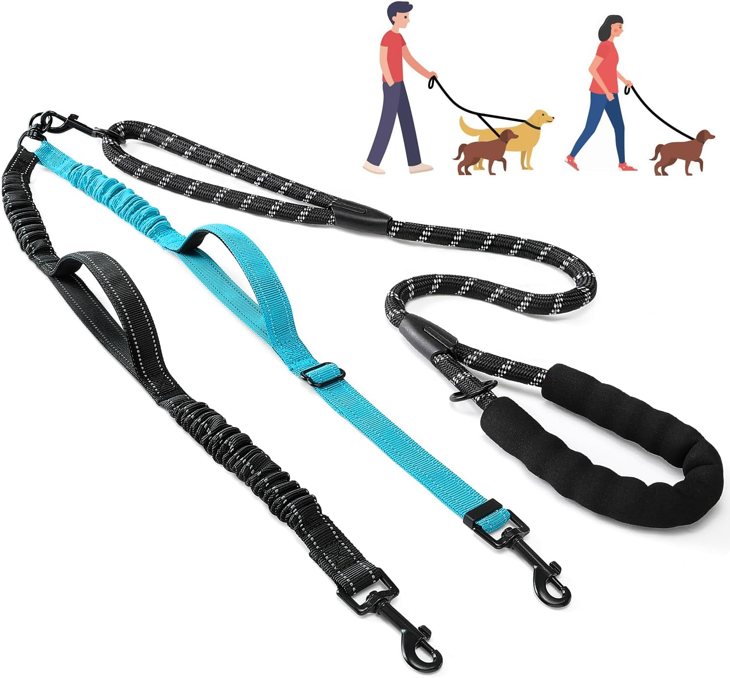 Slowton Double Leash for Two Small Dogs, No Tangle 360&deg; Swivel Dual Dog Leashes with 4 Handles, Super Lightweight for Puppy under 20Lbs, Reflective Adjustable Strap and Shock Absorbing Bungee