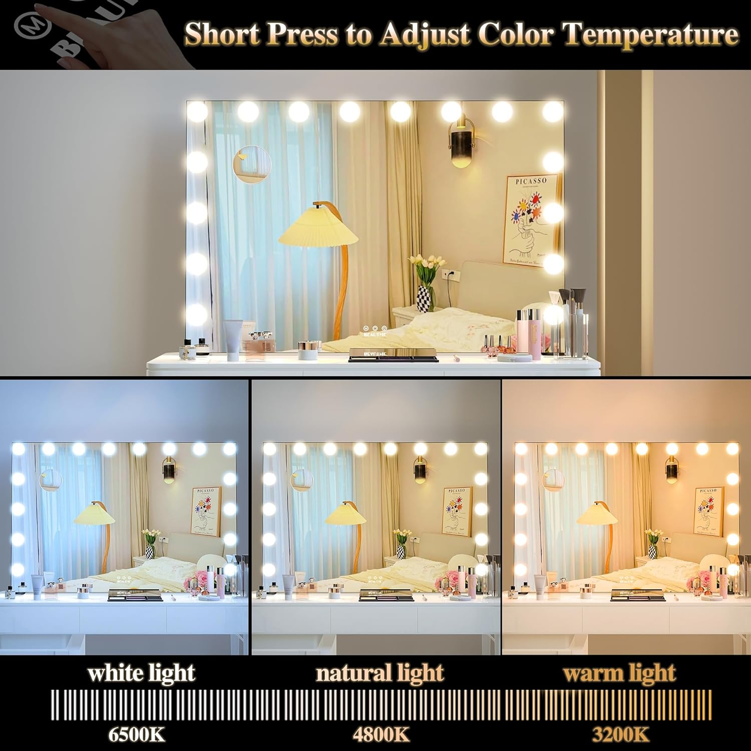 BEAUTME Vanity Mirror with Lights, Hollywood Makeup Mirror with Lights, Makeup Mirror with 16 Dimmable Led Bulbs, 3 Color Lighting Modes, Tabletop or Wall Mount, Black, 91.1&times;61.6Cm image number 4