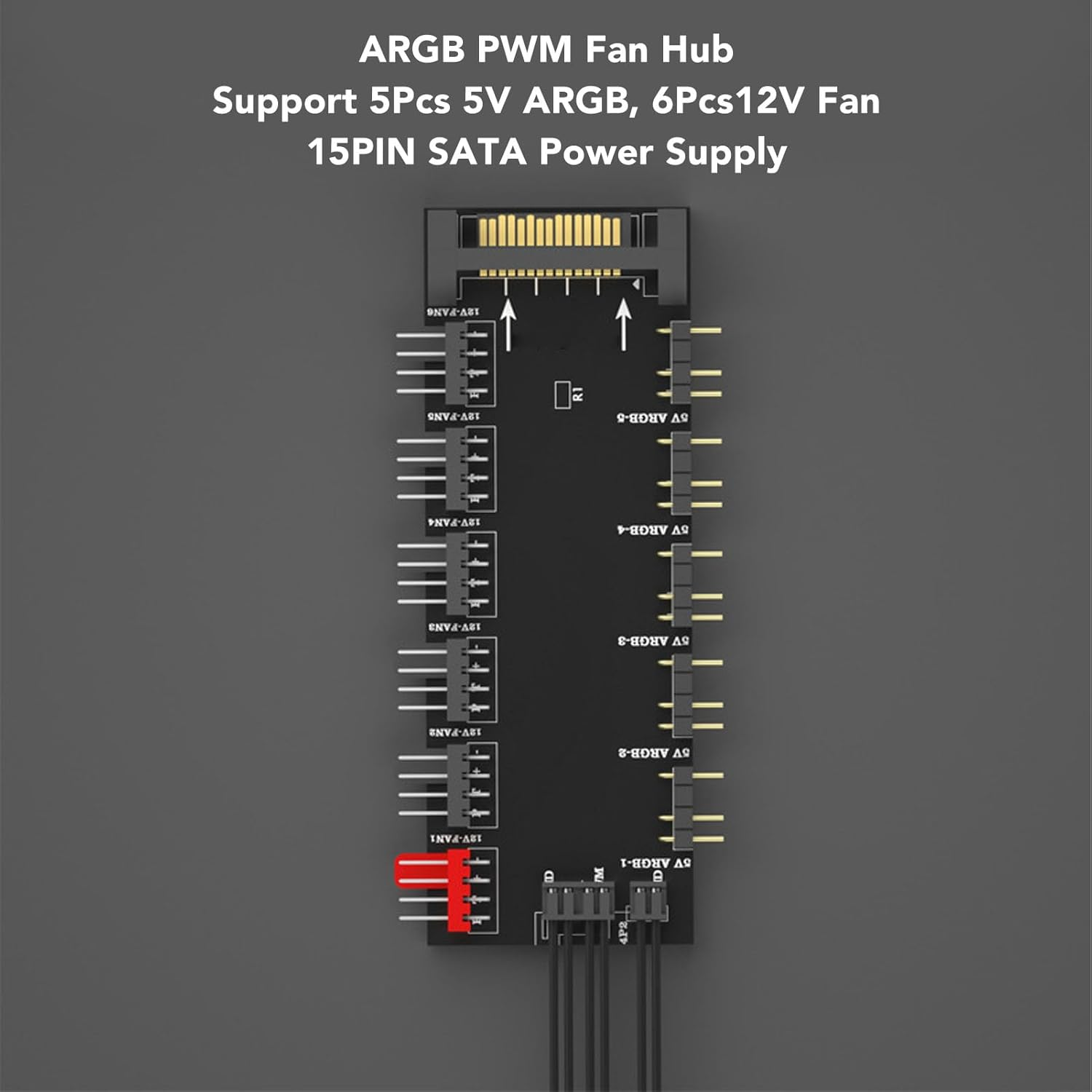 ARGB PWM Hub with 6X12V 4PIN PWM Fan & 5X5V 3PIN LED Ports, 15PIN Power Supply, 93X40Mm for Desktop Laptop Server image number 3