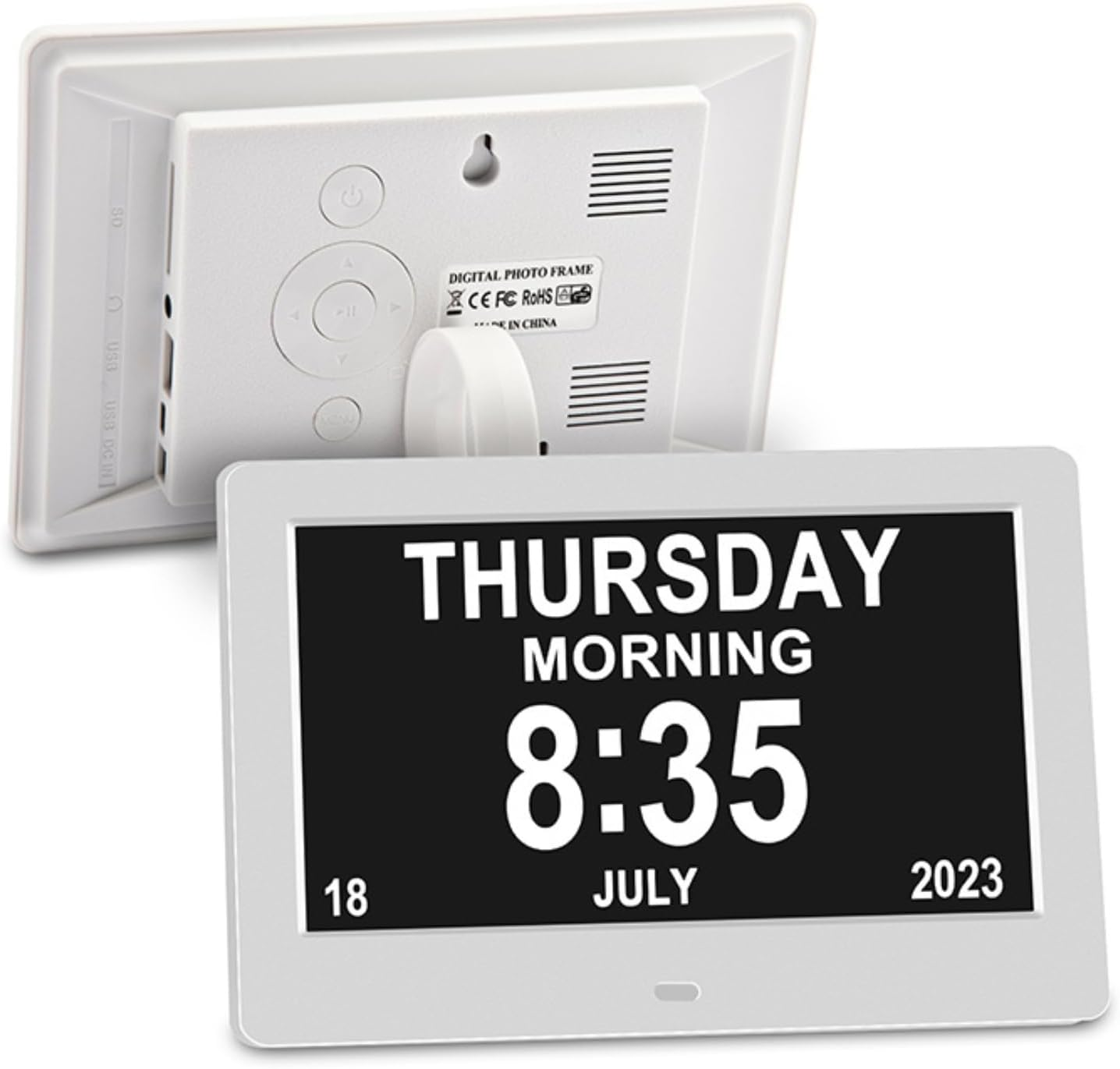Digital Calendar Alarm Day Clock - 7" LED Dementia Clock Large Screen Display, 12/24Hr Remote Control for Extra Large Aged Seniors, Home D&eacute;cor Desk, Wall Mounted Black/White (White) - White image number 6