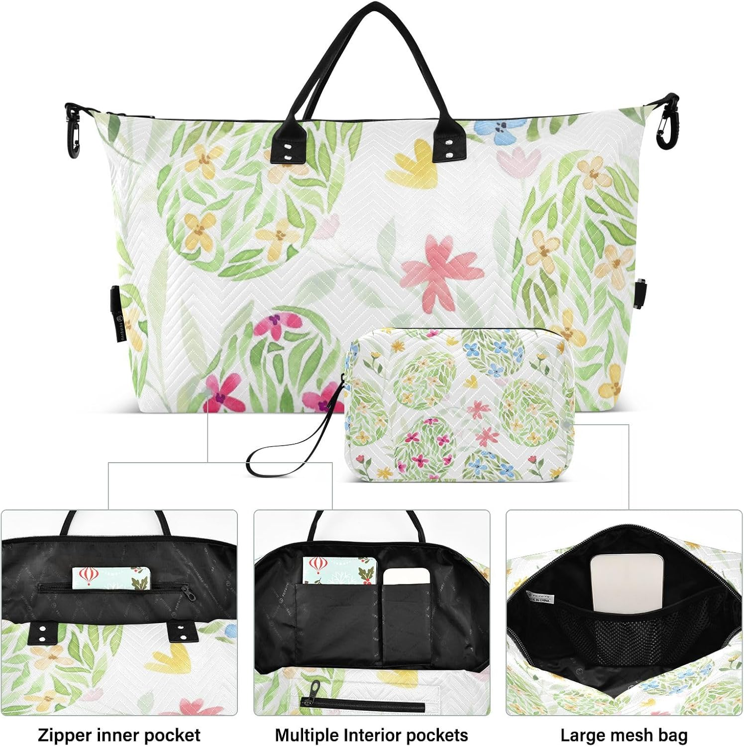 Large Travel Duffel Luggage Shoulder Weekender Overnight Bag Happy Easter Eggs Floral Ornament Sports Gym Tote Bag, Happy Easter Eggs Floral Ornament, Set of 2, Art Deco image number 6