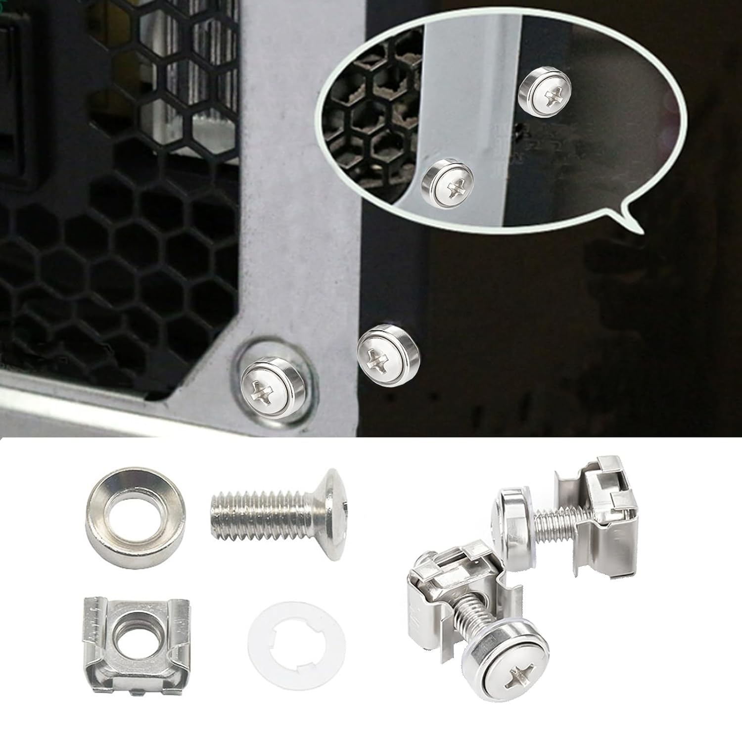 100Sets/200Pcs M5 M6 Cage Nuts Screws and Washers Set,Ymaiss Metric Square Hole Hardware Cage Nut Screws and Washers for Rack Mount Server Shelves Cabinet,Routers Server Rack Silver Upgraded Box image number 1