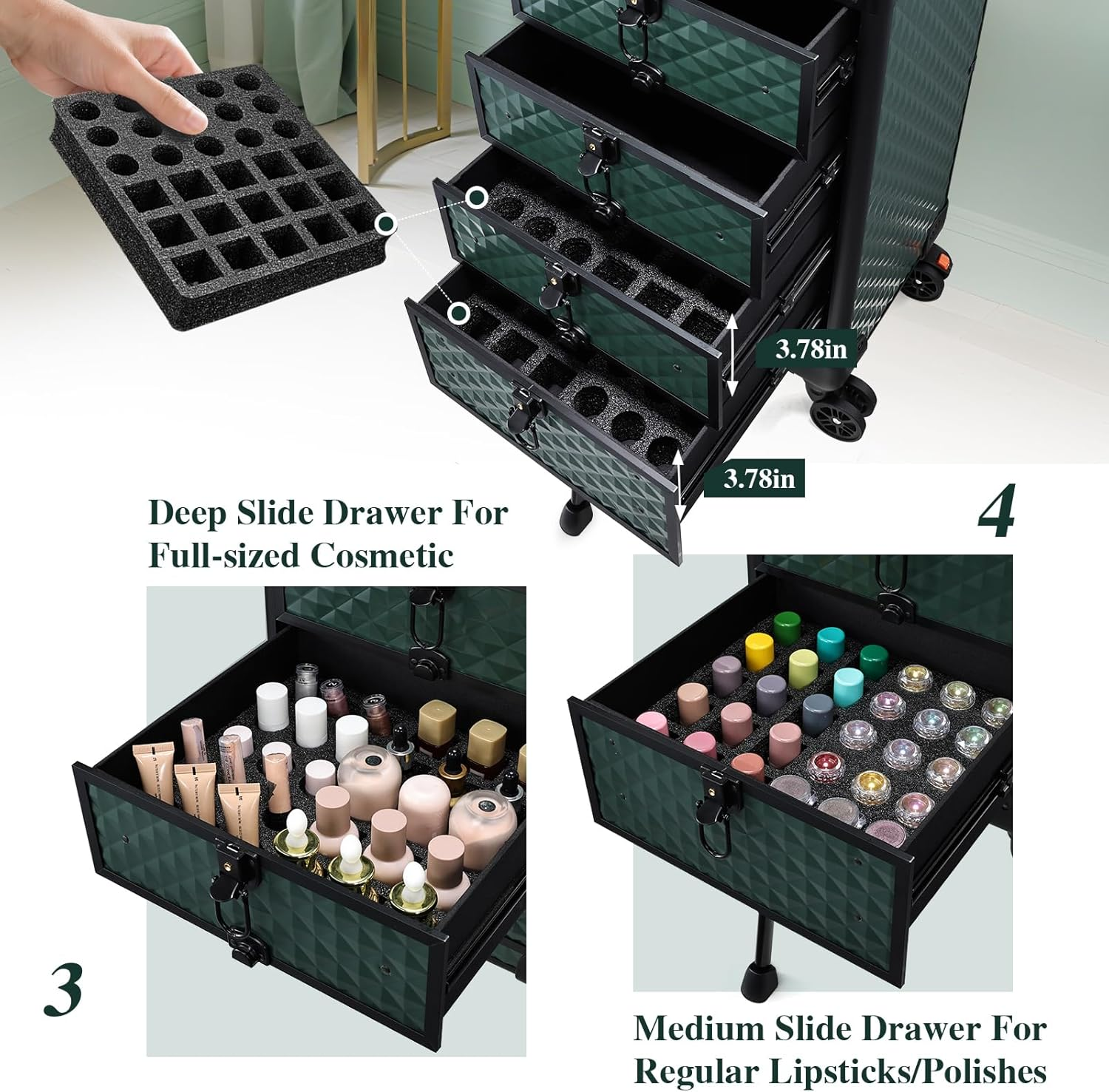 Yueieoun Nail Salon Cart with 4 Drawers,Rolling Makeup Train Case for Beauty,Cosmetology Case on Wheels Trolley Cart,Lockable Organizer Travel Case for Manicure/Face Painting/Hairstylist,Dark GREEN image number 3