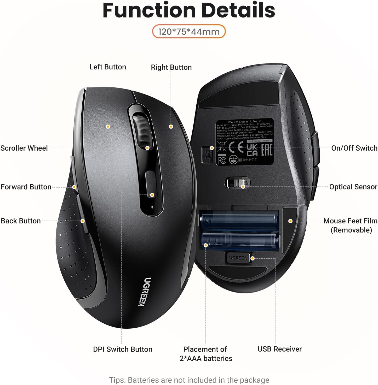 UGREEN Wireless Ergonomic Mouse, 2.4G USB, 1600 DPI Optical Tracking, Silent Mice, &le;40Db, 12-Month Battery Life for Laptop, Macbook, Chromebook image number 2