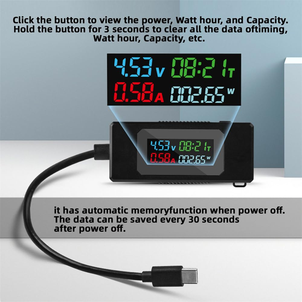 NFHK Adapter Type-C Voltage Current Power Capacity, Working Time Ammeter Voltmeter USB Cable Charger Detector USB-C Tester 4-30V 0-6.5A Digital Multimeter image number 5