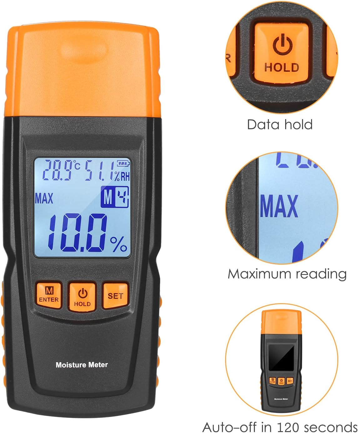 3-In-1 Digital Wood Moisture Meter Firewood Water Content Analyzer Ambient Temperature+Humidity+Wood Moisture Tester with Backlight for Woodworking Lumber Timber image number 4