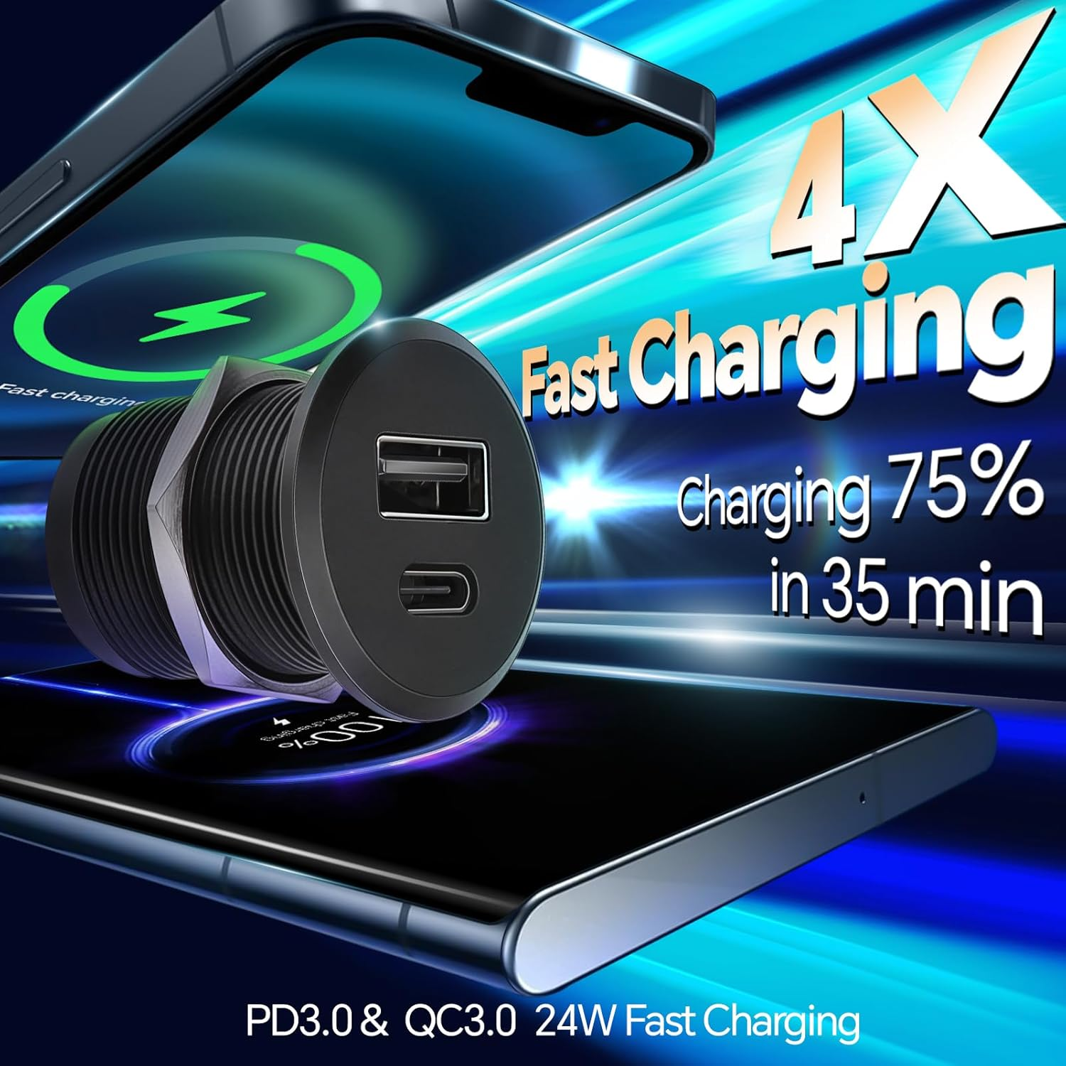 Camperxlite Full Aluminium USB C Socket 12 VDC for Motorhome, 24 W QC 3.0 Et 24 W PD 3.0 Car Quick Charger with All Ios/Android Devices, for Caravan, Trailer, Van, Truck, Car image number 4