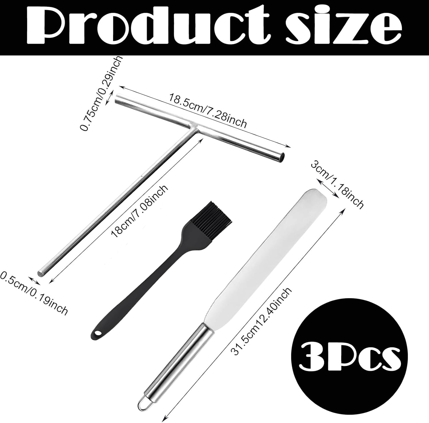 Set of 3 Crepe Distributors, Crepes Distributor and Spatula, Stainless Steel Crepe Turner, Dough Distributor, Crepes Spatula, T-Shape Crepe Maker Accessories for Home, Kitchen, Baking, Cooking, Baking image number 6