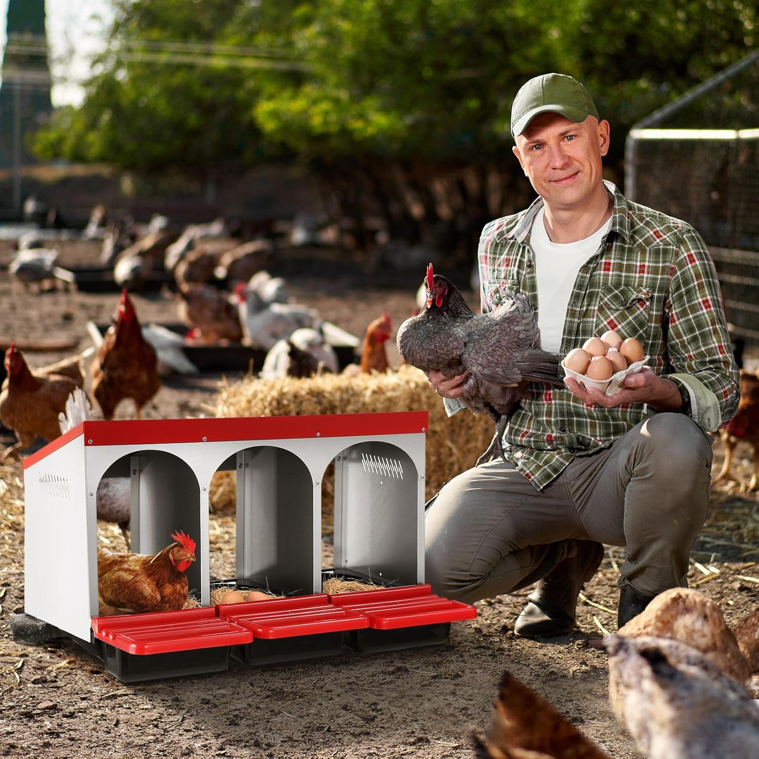 3 Compartment Nesting Box Chicken Hen Roll Away Laying Nest Boxes Chook Brooder Poultry Coop Roost Egg Perch Galvanised Steel Plastic with Lid Vents