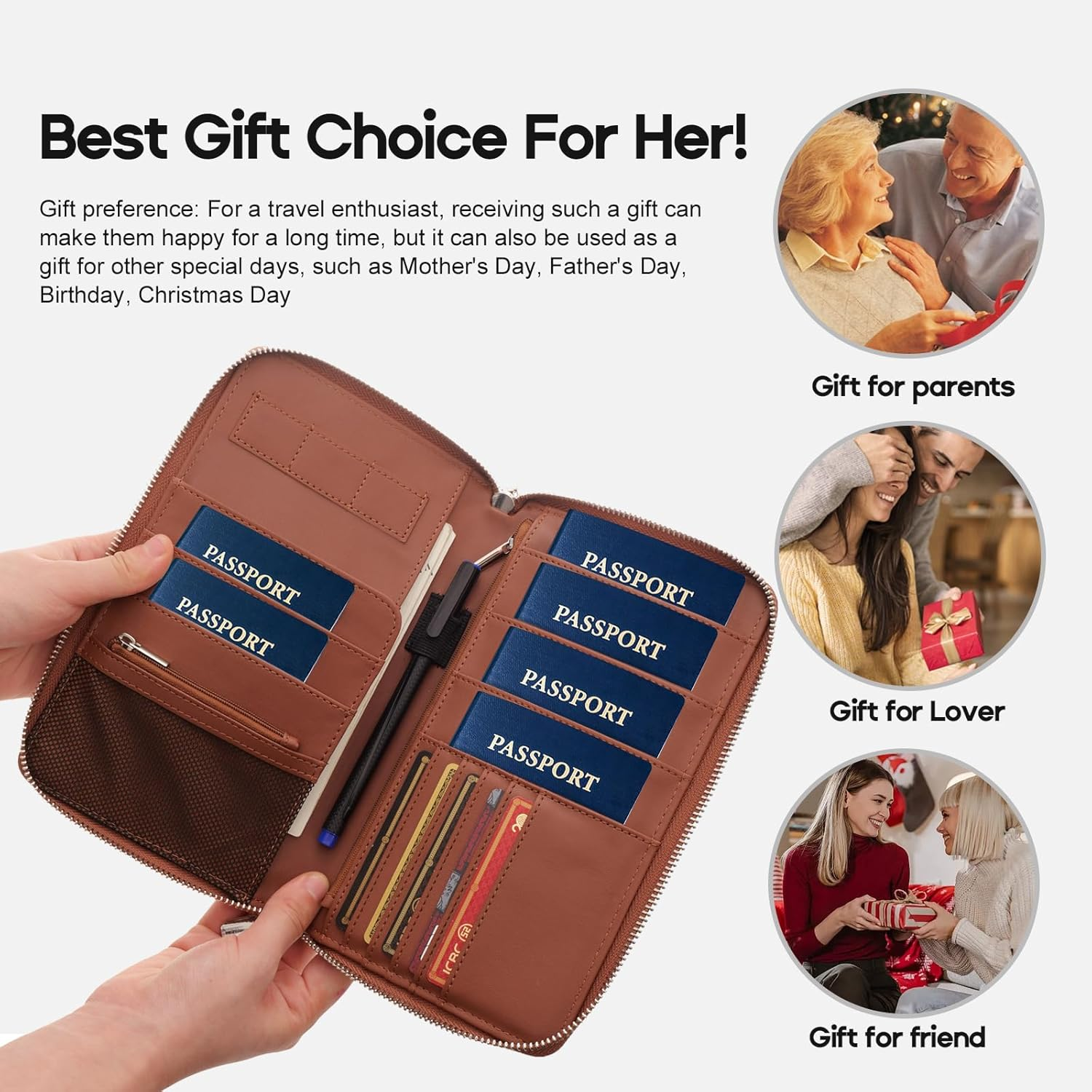 RFID Blocking Family Passport Holder Wallet 6,Premium Leather Travel Document Organizer for Women and Men,Travel Wallet for Credit Card(Brown) - Brown image number 6