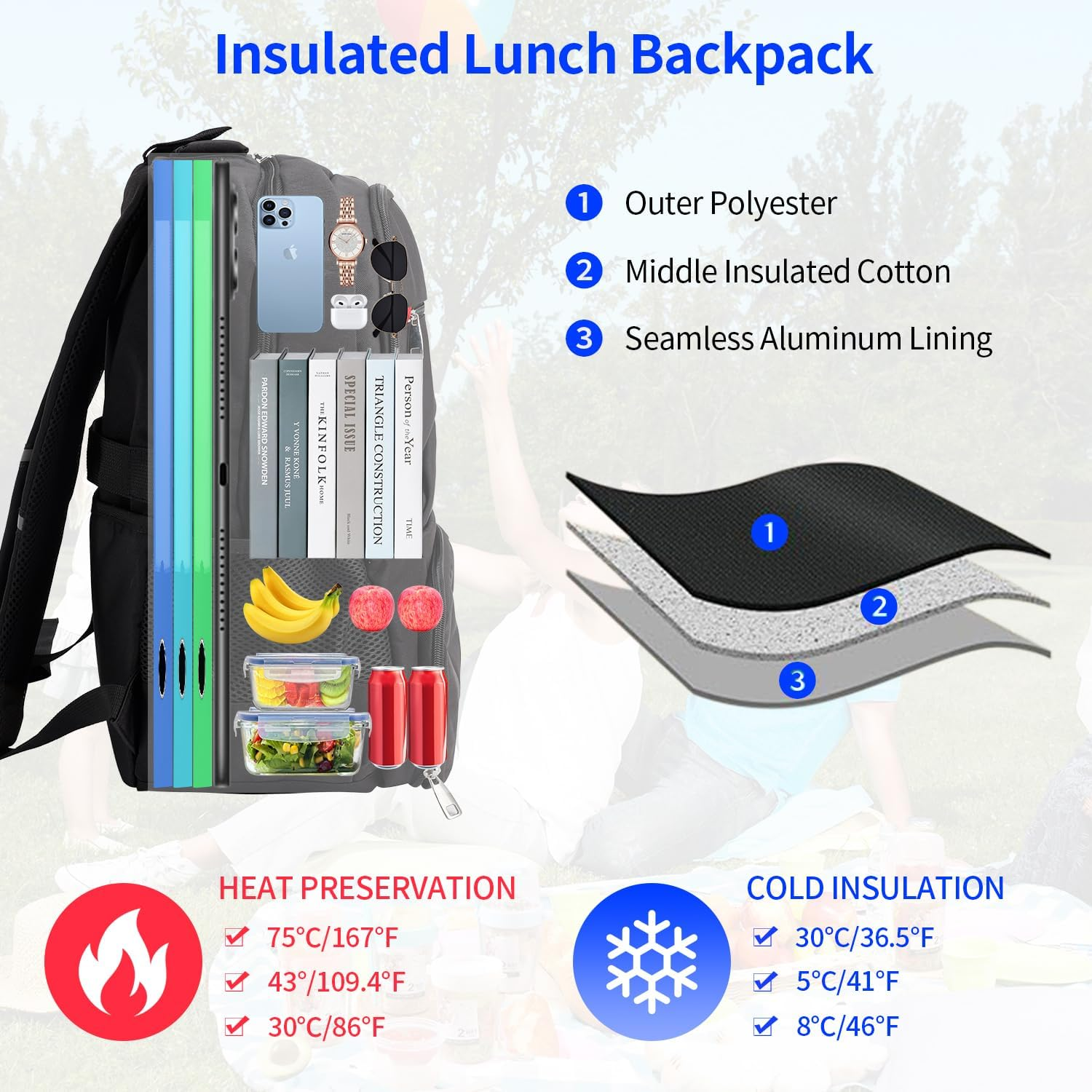 Laptop Backpack for Women Men,35L Waterproof Work Backpack with USB Charging Port Headphone Jack, Portable Computer Back Pack with Insulated Lunch Compartment for Hiking Travel Outdoor 49 * 33 * 22Cm image number 6