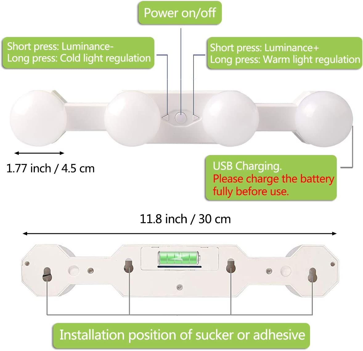 Makeup Lights Cordless Portable, LED Vanity Mirror Light Kit Hollywood Style USB Rechargeable, 4 Dimmable Bulbs Multifunction Fill Lights Battery Powered for Dressing Table Bathroom (No Mirror) image number 2