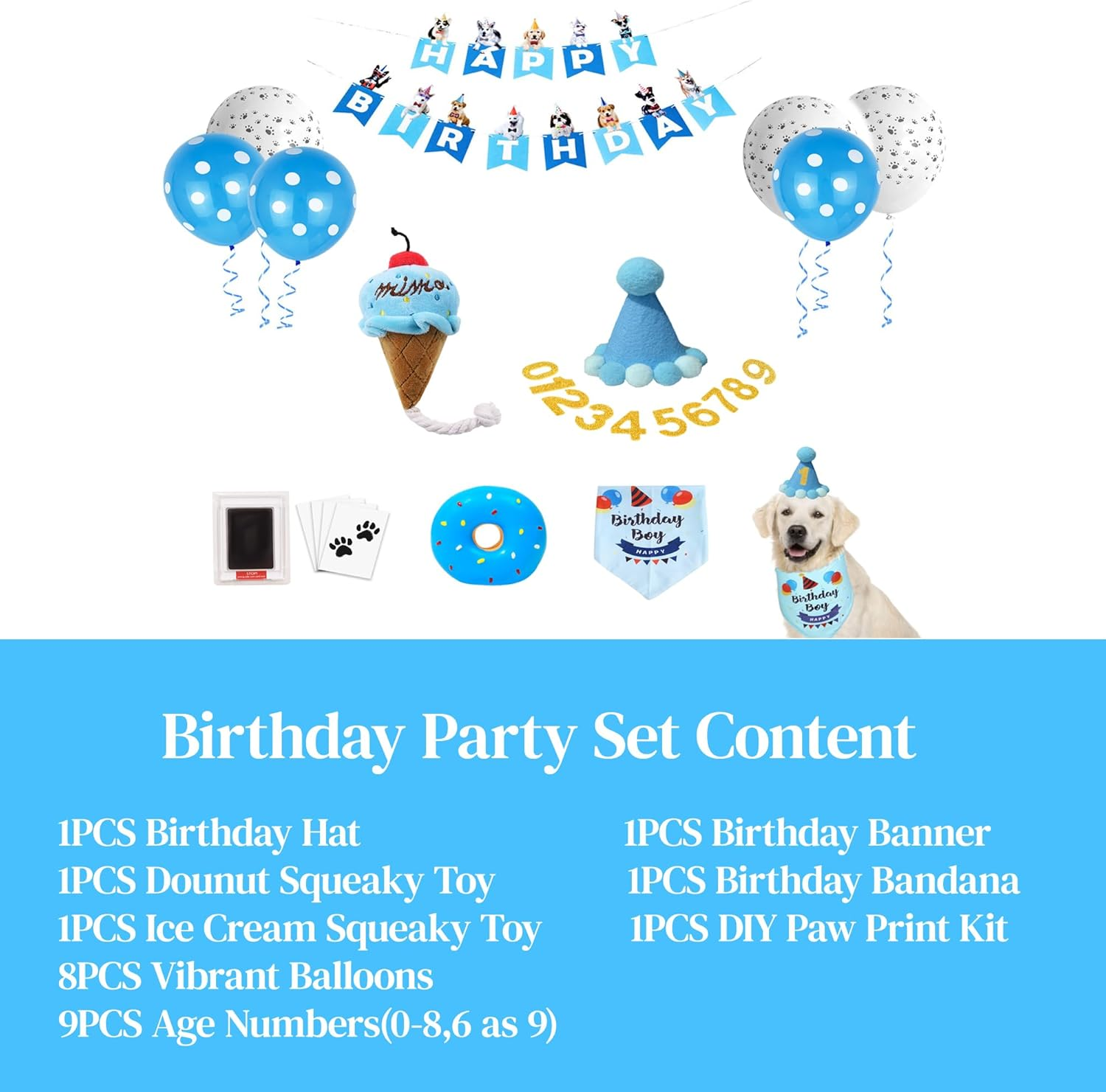 Dog Birthday Party Supplies Set, Blue Puppy Celebration Kit with Happy Birthday Banner Balloons Bandana Hat, DIY Paw Print Kit, Squeaky Toys Glitter Age Numbers Puppy'S First Birthday image number 2
