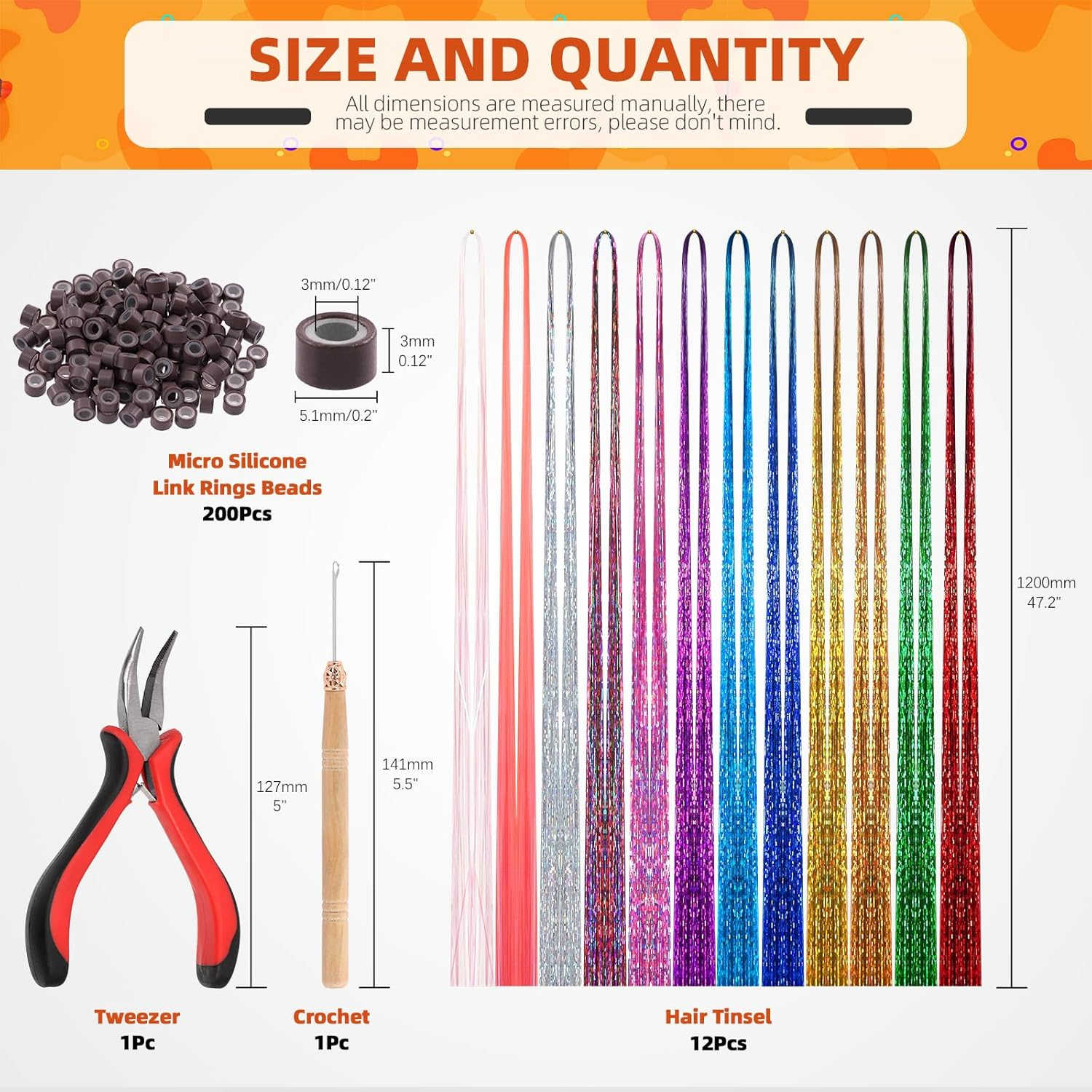 Tanstic 214Pcs Hair Tinsel Kit, 12 Colors 2400 Strands Tinsel Hair Extensions Glitter Hair Extension Sparkling Hair Tinsel Heat Resistant with Tools for Christmas, New Year, Party(47 Inches) image number 4