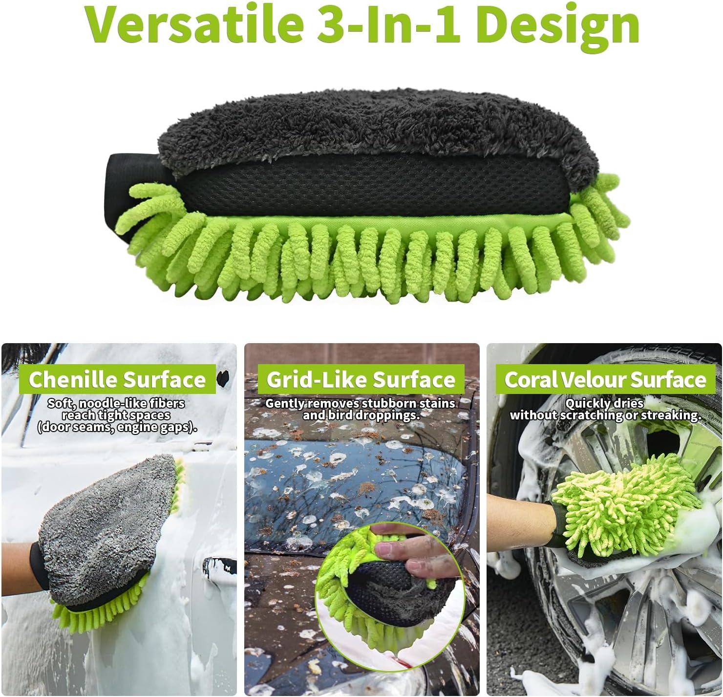 DU Life Car Wash Mitt, 2PCS Microfibre Noodle Car Washing Mitts, Efficient 3In1 Car Cleaning Mitt, Car Wash Mitt Gloves with Elastic Wrist Cuffs for Whole Car Washing - Green image number 7