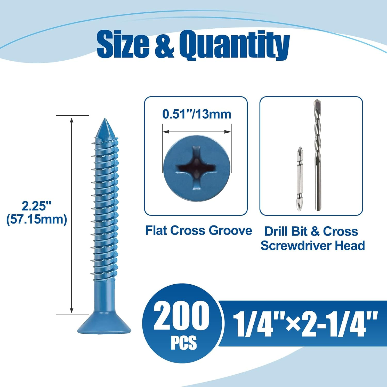 1/4&Prime;&times;2-1/4&Prime; (200Pcs) Flat Head Concrete Screw Anchor, Blue Screw, for Anchoring to Masonry, Block or Brick image number 3