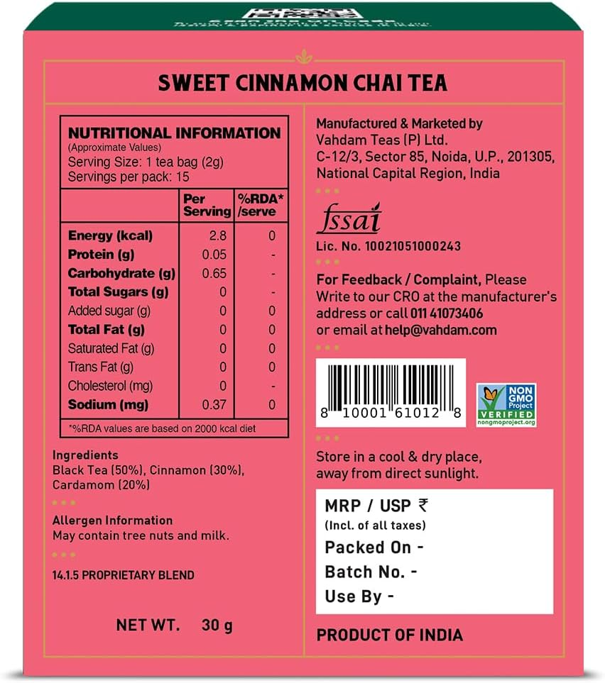 VAHDAM, Sweet Cinnamon Masala Chai Tea (15 Pyramid Tea Bags) Non-Gmo, 100% Natural Spices | Ancient Cinnamon Tea Recipe | Spiced Chai Tea Bag, Brew as Hot Tea or Iced Tea image number 2