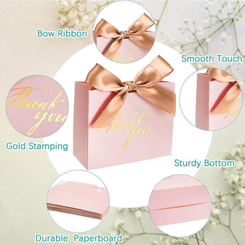 25 Pcs Small Thank You Gift Bags with Gold Bow Ribbon - Pink Patterned Paper Party Favor Treat Boxes (Pink) image number 1