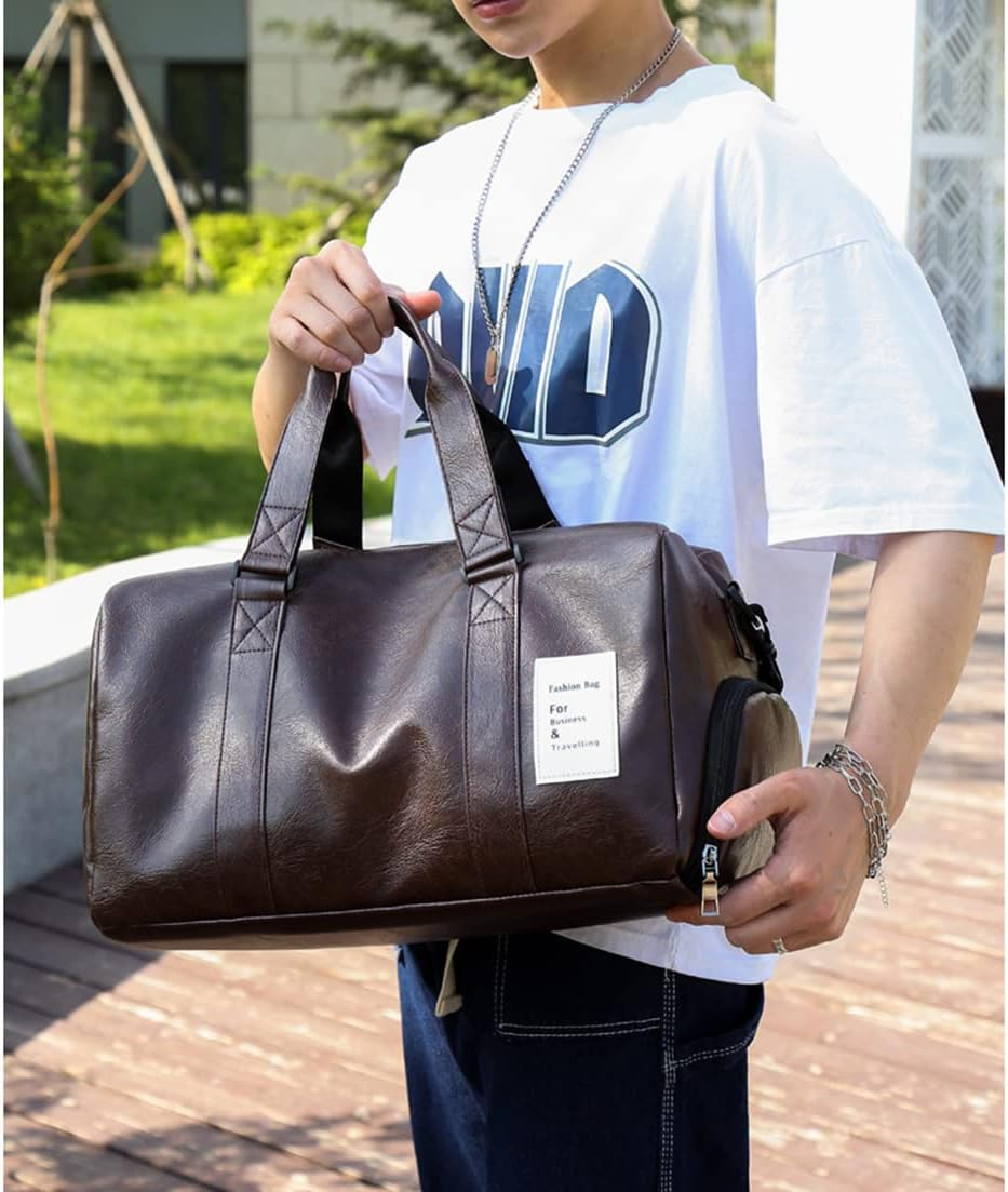 ANNI RIEL Leather Gym Bag Travel Duffel Bag with Shoe Compartment, Fashion Waterproof Duffel Bag Carry on Tote Weekender Overnight Bag, Brown, 40 X 24 X 24 CM/15.7 X 9.4 X 9.4 Inch - Black image number 3