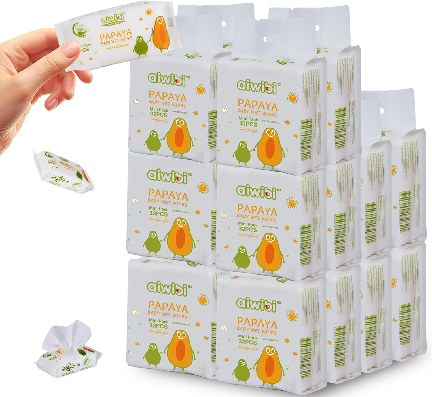 AIWIBI Travel Baby Wipes, Mini Baby Wet Wipes Travel Size, Portable Small Pack Baby Wipes, Unscented, over 99% Purified Water, Papaya Extract, Hypoallergenic, 640 Count (Packs of 80) image number 5