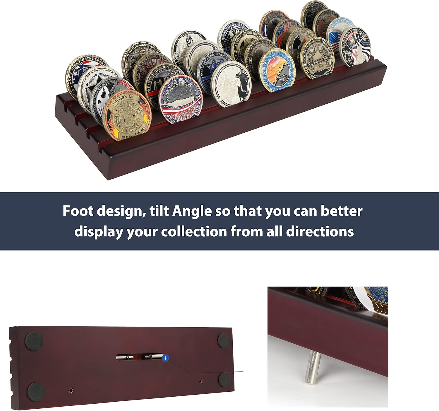 Challenge Coin Display Stand 4 Rows Wooden Military Coin Holder Rack Case Holds 30 Coins, Mahogany Finish image number 4