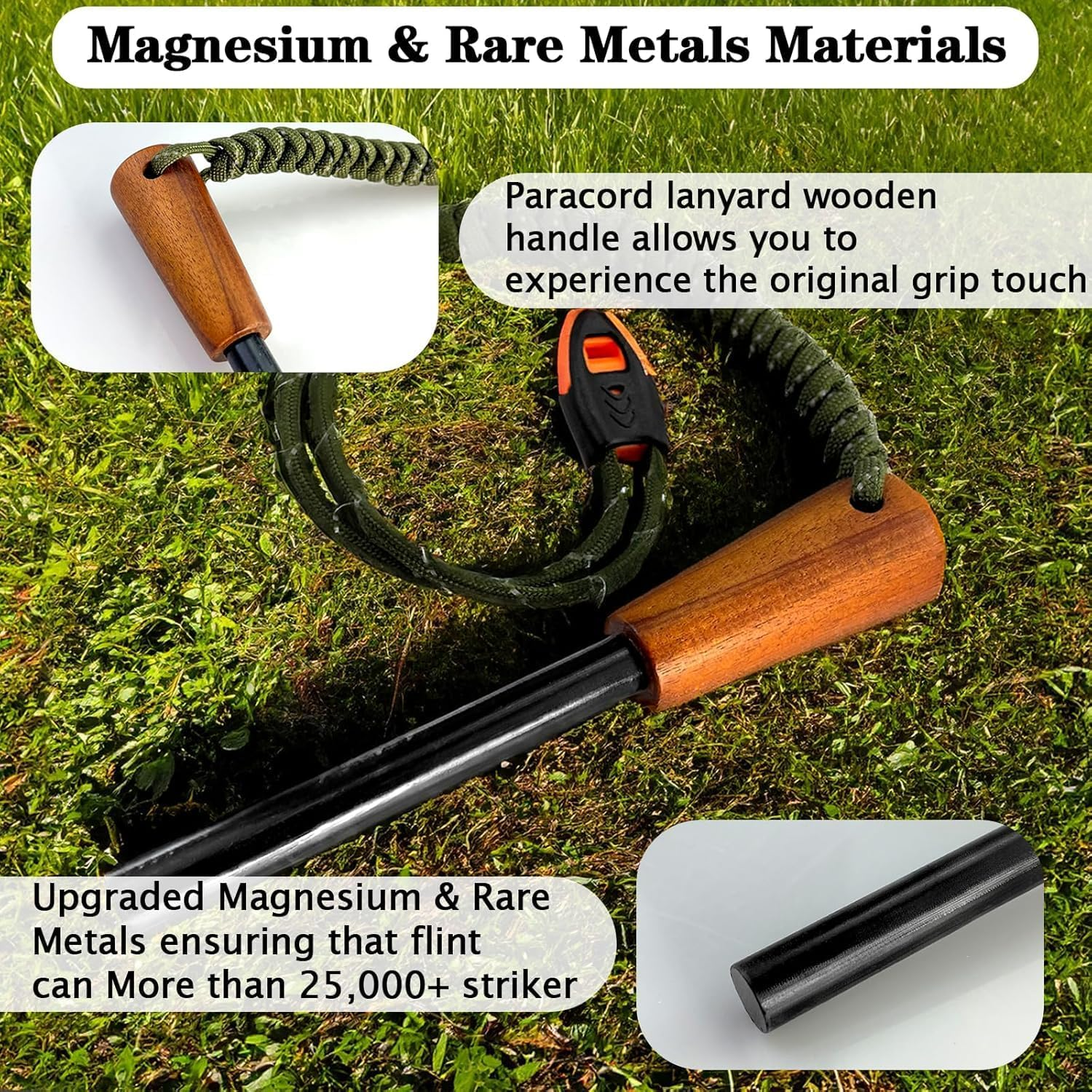 Outdoor Rod Flint Fire Starter with Handcrafted Wood Handle, | 20,000+ Strikes | Survival Flint and Steel Rods with Whistle,Carabiner,Paracord Reflective Neck-Wrist Lanyard for Your Camping Gear image number 4