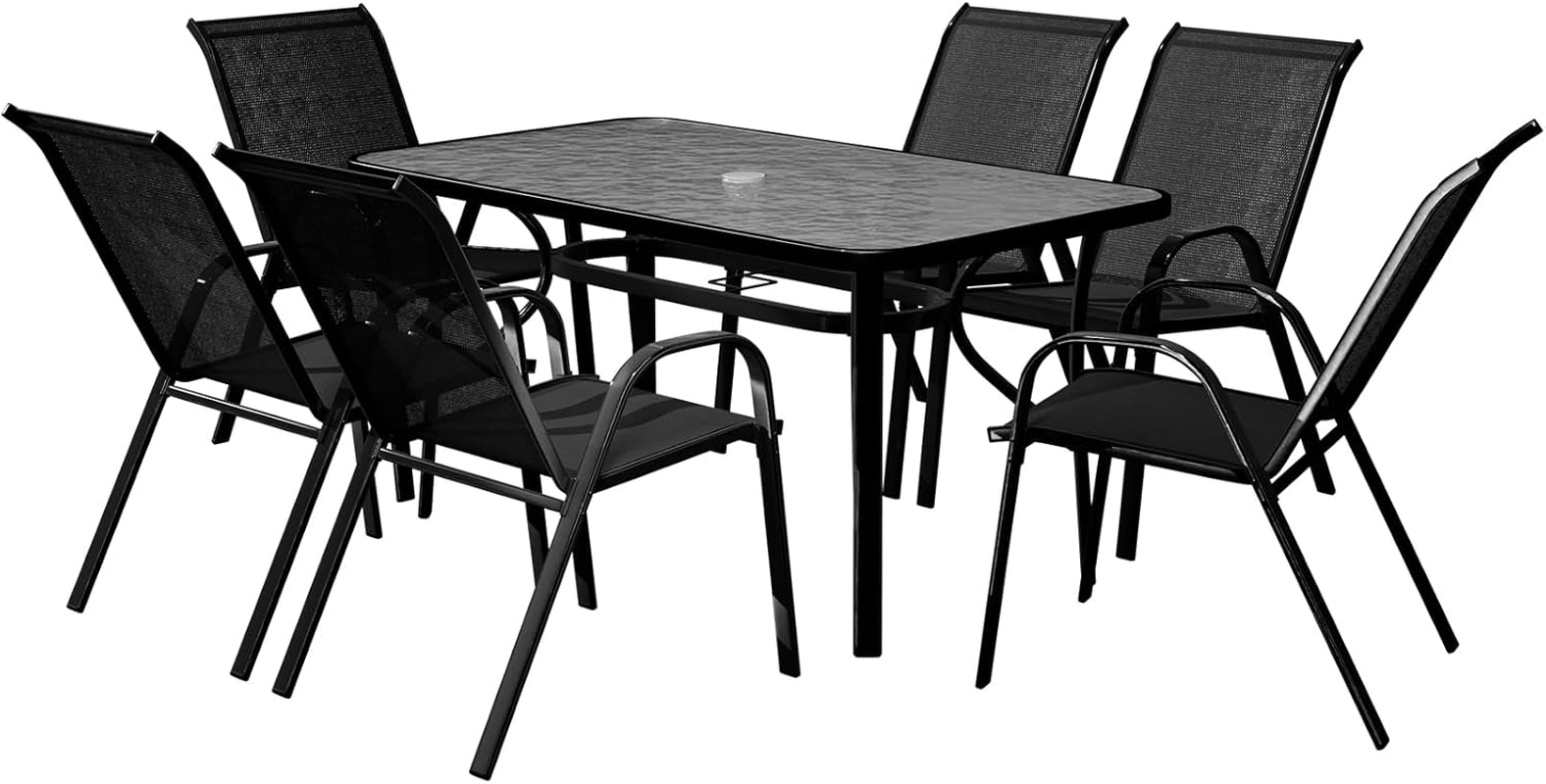 ALFORDSON 7 Pcs Outdoor Dining Set with Patio Table and Chairs, Black All-Weather Textilene Fabric Indoor Bar Set, Garden Patio Furniture for Patio, Garden, Lawn, Balcony and Swimming Pool Side