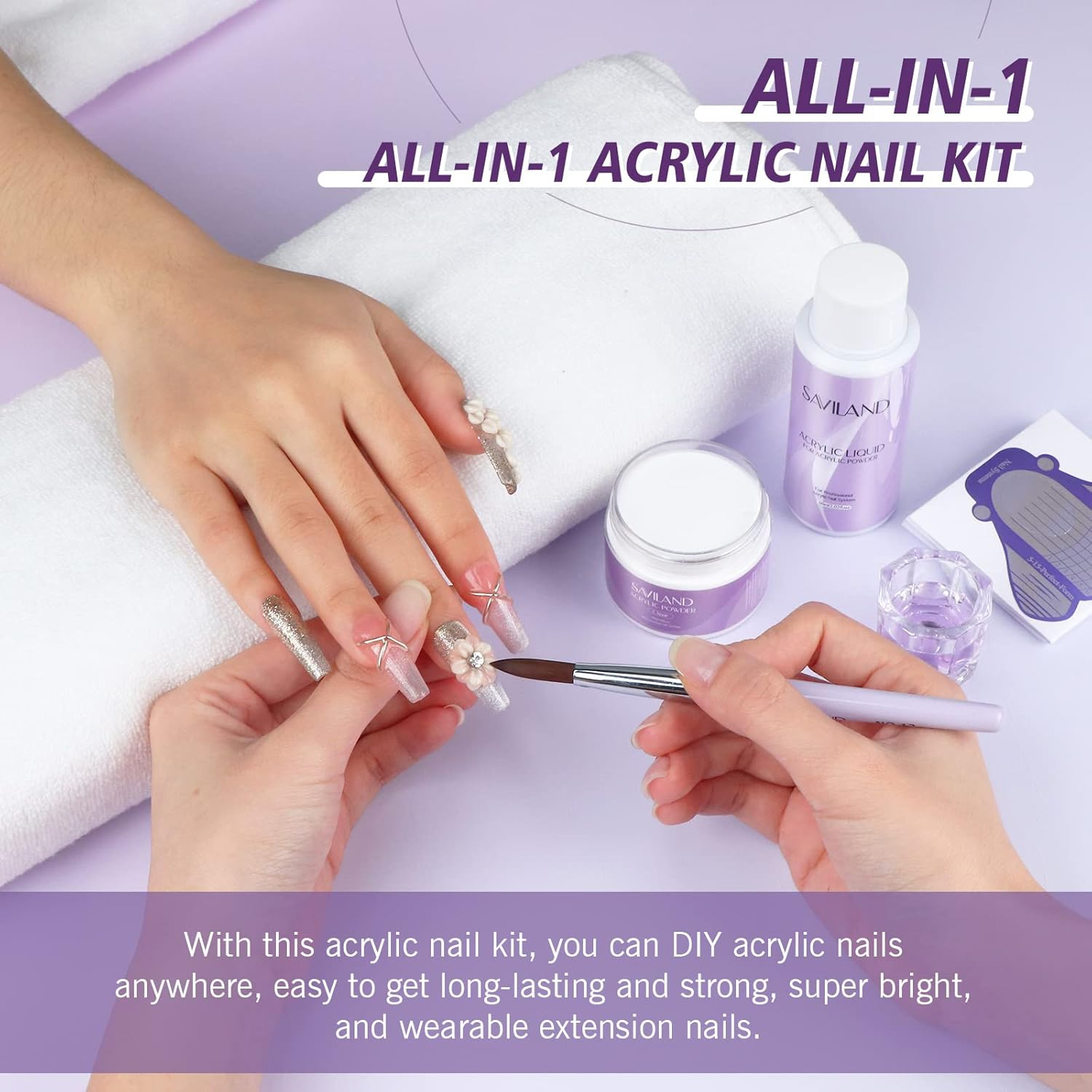 Saviland Acrylic Nail Kit &ndash; 30G Clear Acrylic Powder and 60Ml Acrylic Liquid Set with Acrylic Nail Brush Nail Forms Tools Set Extension Nail Kit for Beginners with Everything for Home DIY Salon Acrylic Nails Application image number 4
