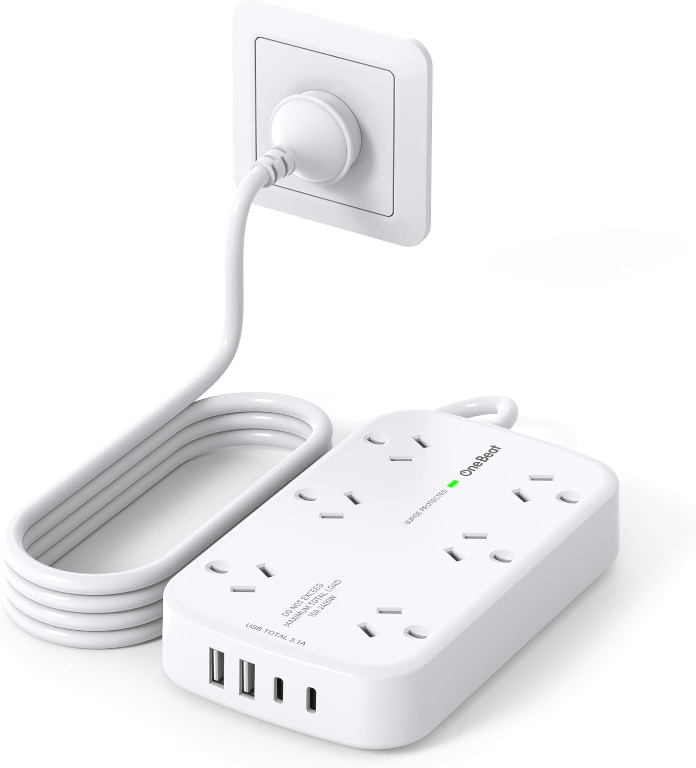 One Beat Surge Protected Power Board with 6 AC Outlets & 4 USB Ports (2&times;USB-C), 1.5M Extension Cord, AU Standard Travel Power Strip for Office, Dorm, Home Essentials image number 2