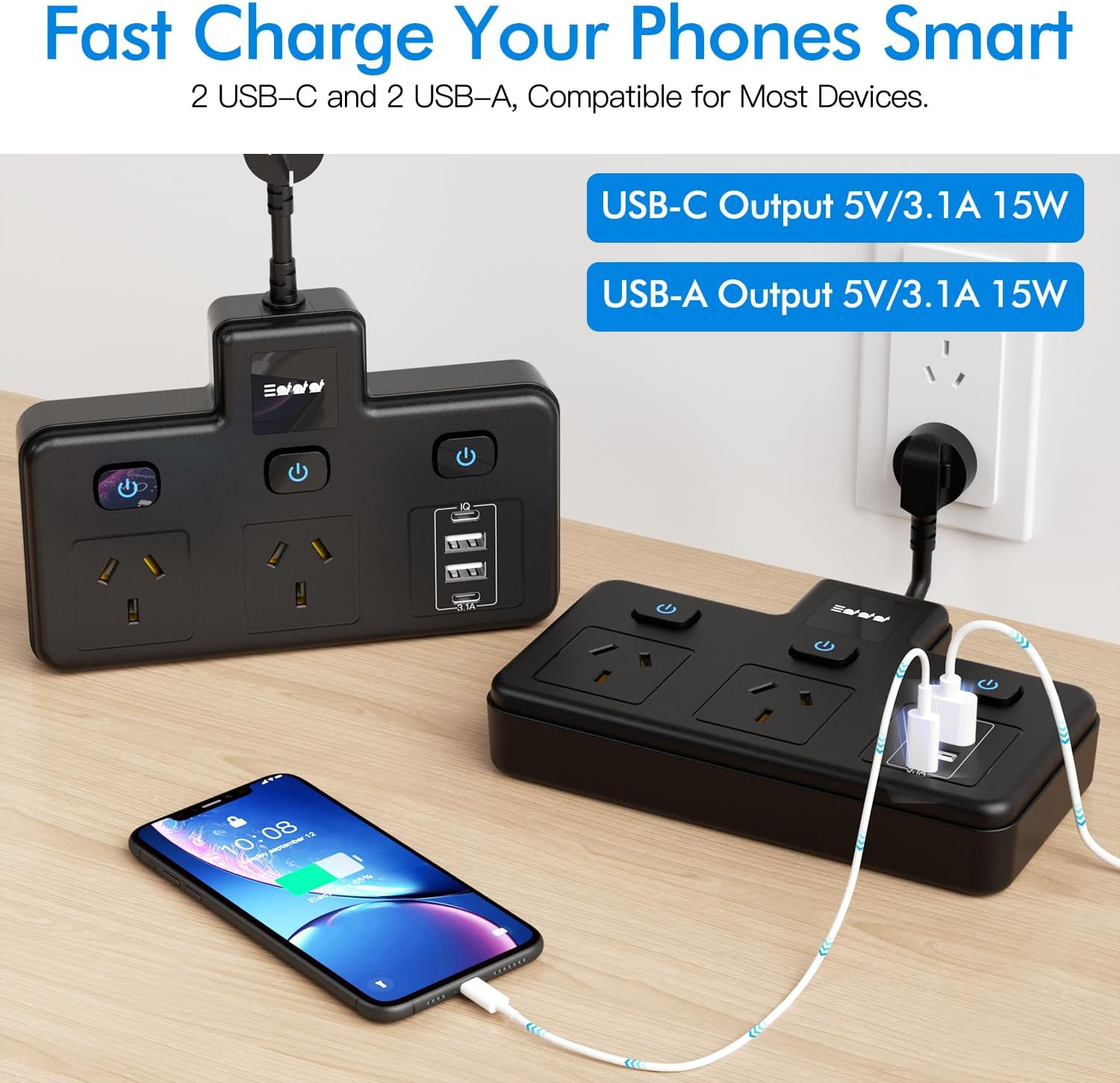 BOCHLION Power Strip with Independent Switches and Night Light Features Plug Extension Socket with 4 USB Ports (2 USB C and 2 USB A), Household Wall Socket Plug Extender, Travel. (Black) image number 3