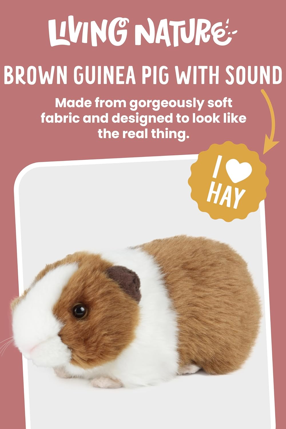 Living Nature Brown Guinea Pig with Sound, Realistic Plush Toy, Soft and Cuddly Stuffed Animal for Kids, Interactive Pet with Fun Fact Tags, Eco-Friendly and Made with Naturli Recycled Materials