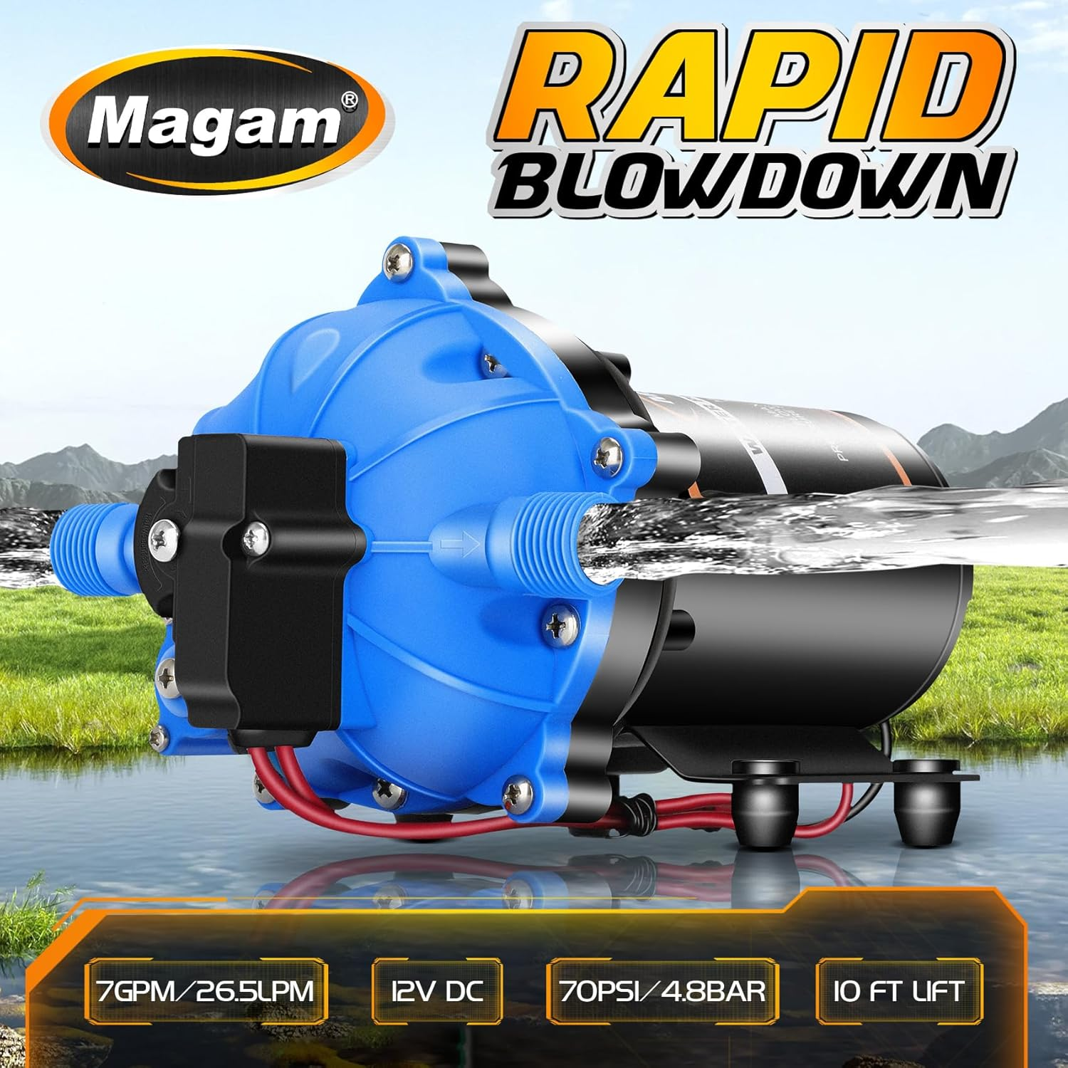 Upgraded 12 Volt Water Pump, 7GPM 70PSI, Five Chamber Self-Priming Diaphragm 12V DC RV Fresh Pump with Heavy Duty Pressure Switch & Strainer for Marine, Yacht, Caravan, Camper image number 3