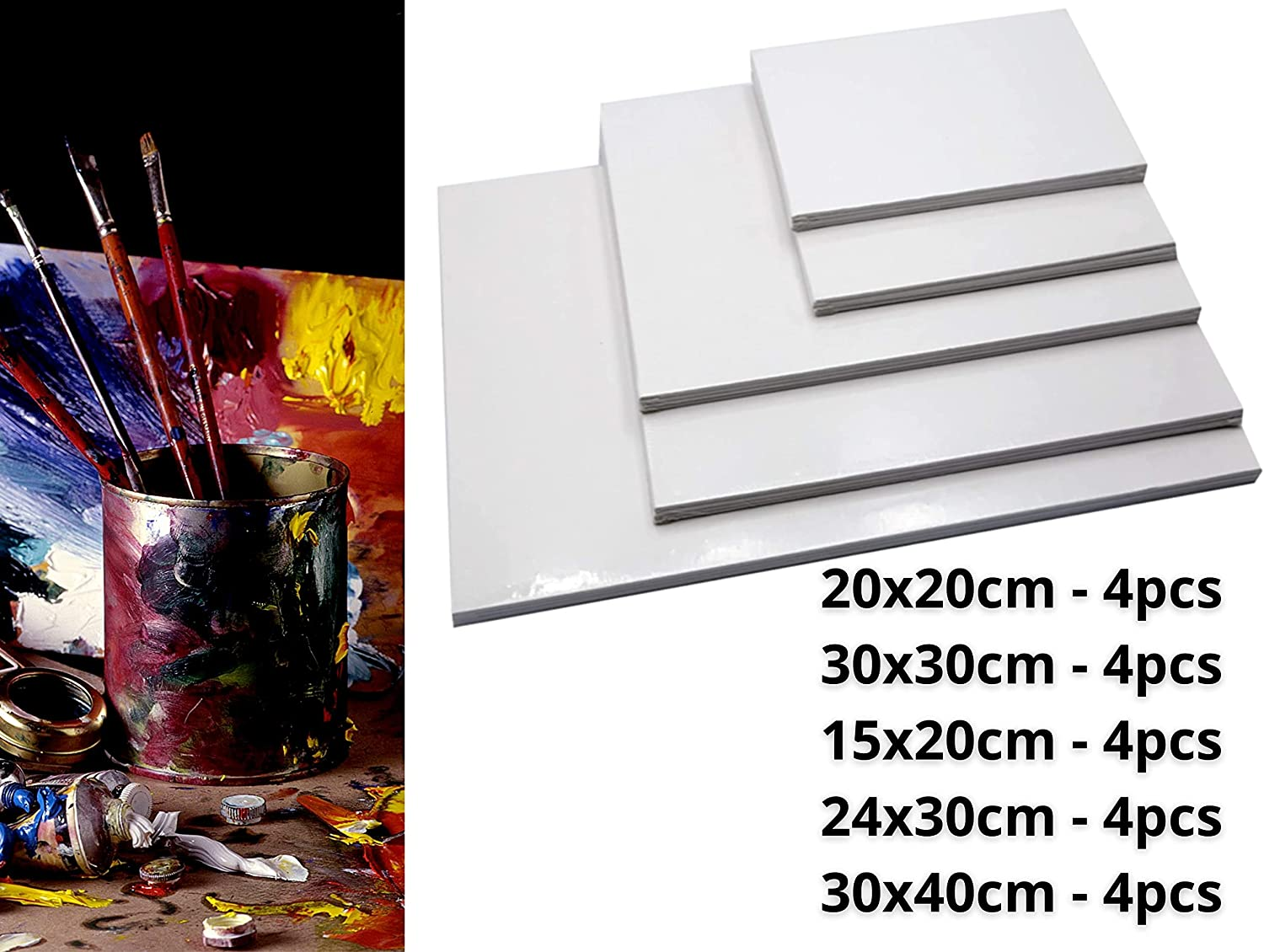 ARTME 20Pcs Canvas Panels (15X20-4Pk, 24X30-4Pk, 30X40-4Pk, 20X20-4Pk, 30X30-4Pk) 3Mm Blank Artist Canvas Board / 280GSM/ 100% Cotton/Triple Primed/Acid Free/Medium Grain- Acrylic & Oil Painting