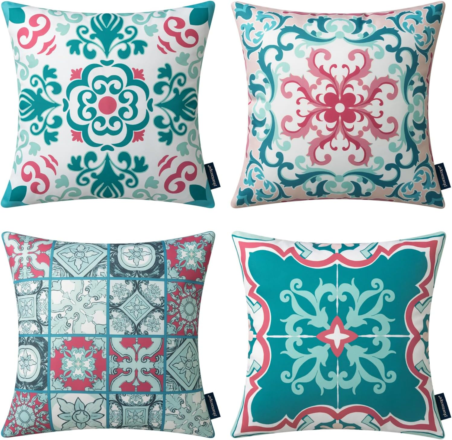 Phantoscope Set of 4 Outdoor Waterproof Throw Pillow Covers, Geometric, Decorative Boho Farmhouse Outdoor Pillows Cushion Case for Home Patio Furniture Tent Sunbrella, Teal/Pink 18X18 Inches image number 3