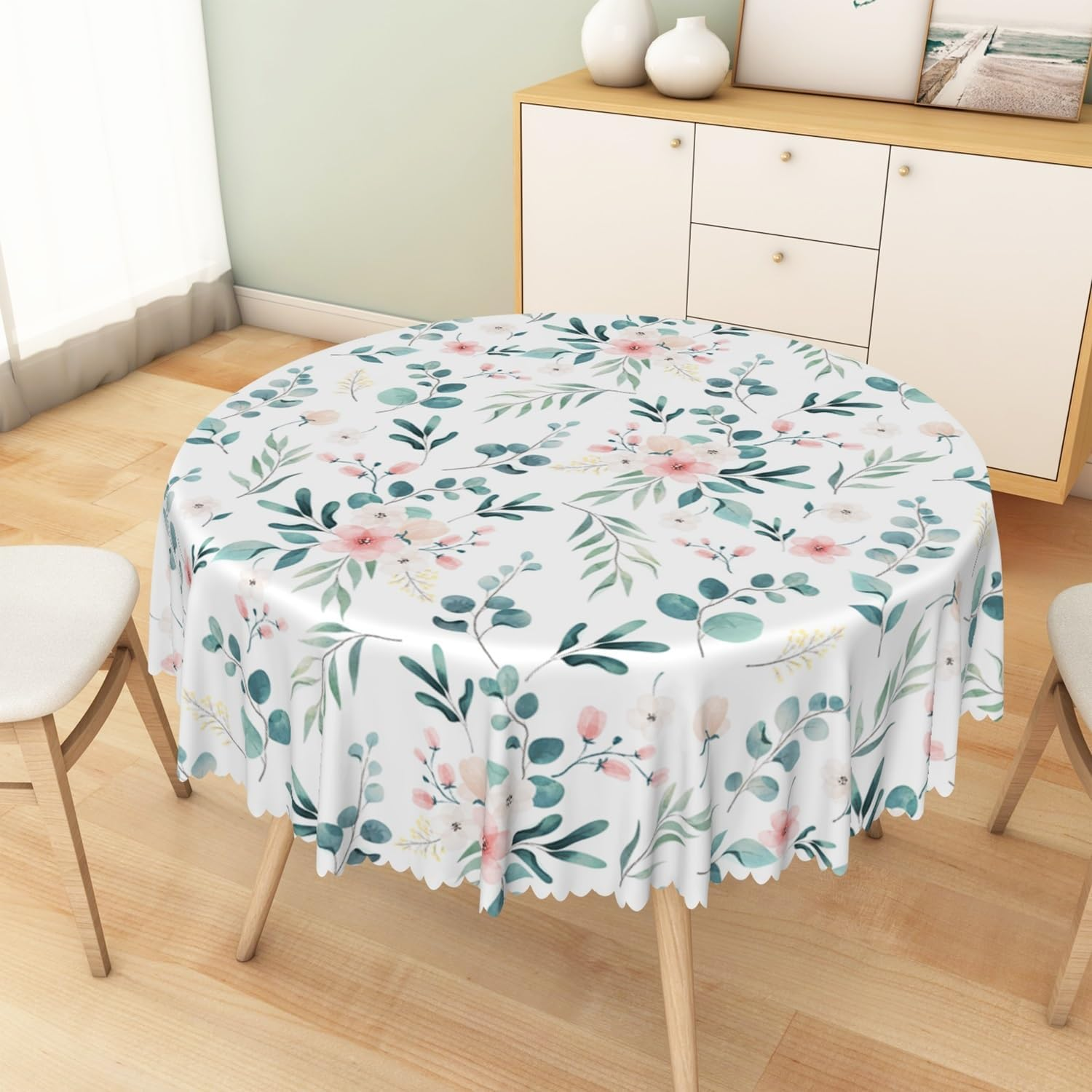 Spring Summer round Tablecloth 60 Inch Green Leaf Pink Floral Circular Table Cloth Washable Wrinkle Resistant Fabric Table Cover for Kitchen Dining Room Picnic Patio Indoor Outdoor Decor image number 4