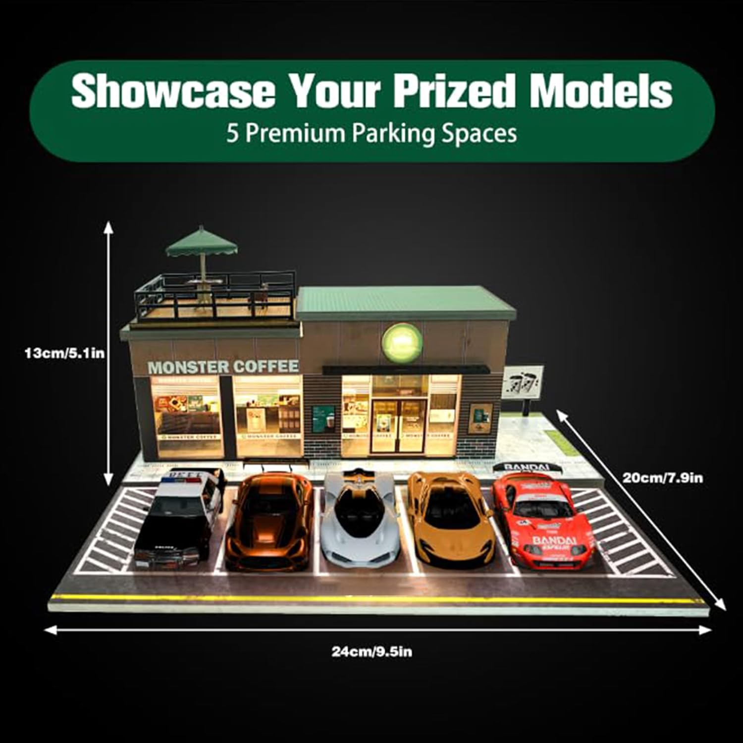 2025 Updated Model Car Display Case for Adults, Premium 1/64 Scale Diecast Parking Garage for Toy Cars, Toys Car Garage, Scenic Diorama Display Car Park with Ith LED Lamps and 5 Parking Space image number 2