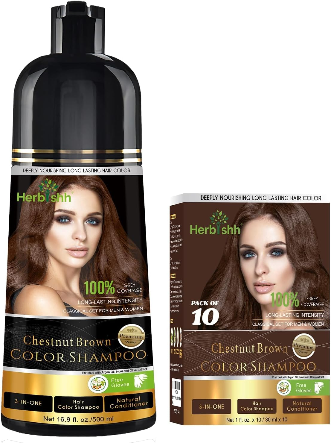 Herbishh Chestnut Brown Gray Hair Shampoo &ndash; 4 Bottles + 4 Pouches | 3‑In‑1 Ammonia‑Free Hair Dye Conditioner