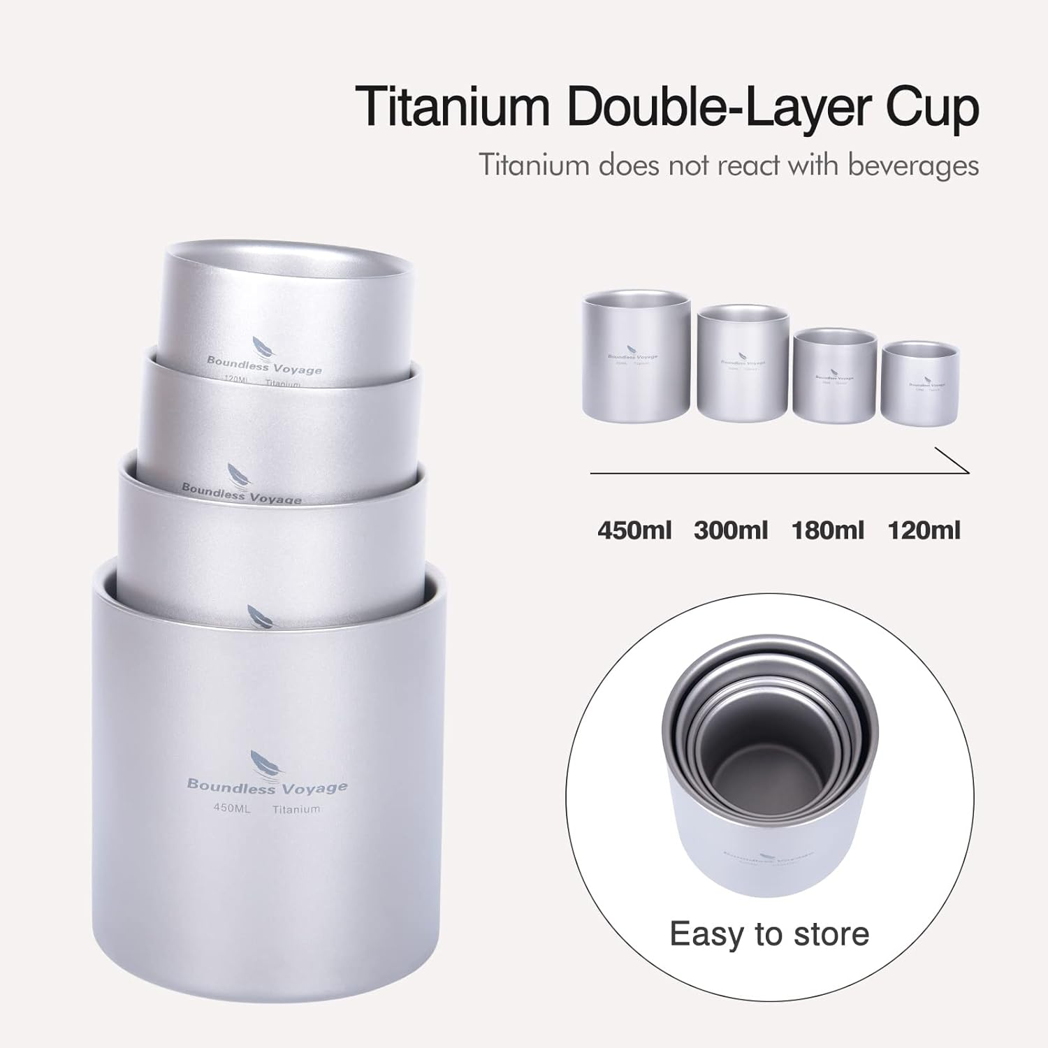 Boundless Voyage Double Walled Titanium Cup Insulated Outdoor Camping Mug Tableware 120Ml 180Ml 300Ml (Ti15152B (120Ml)) image number 6