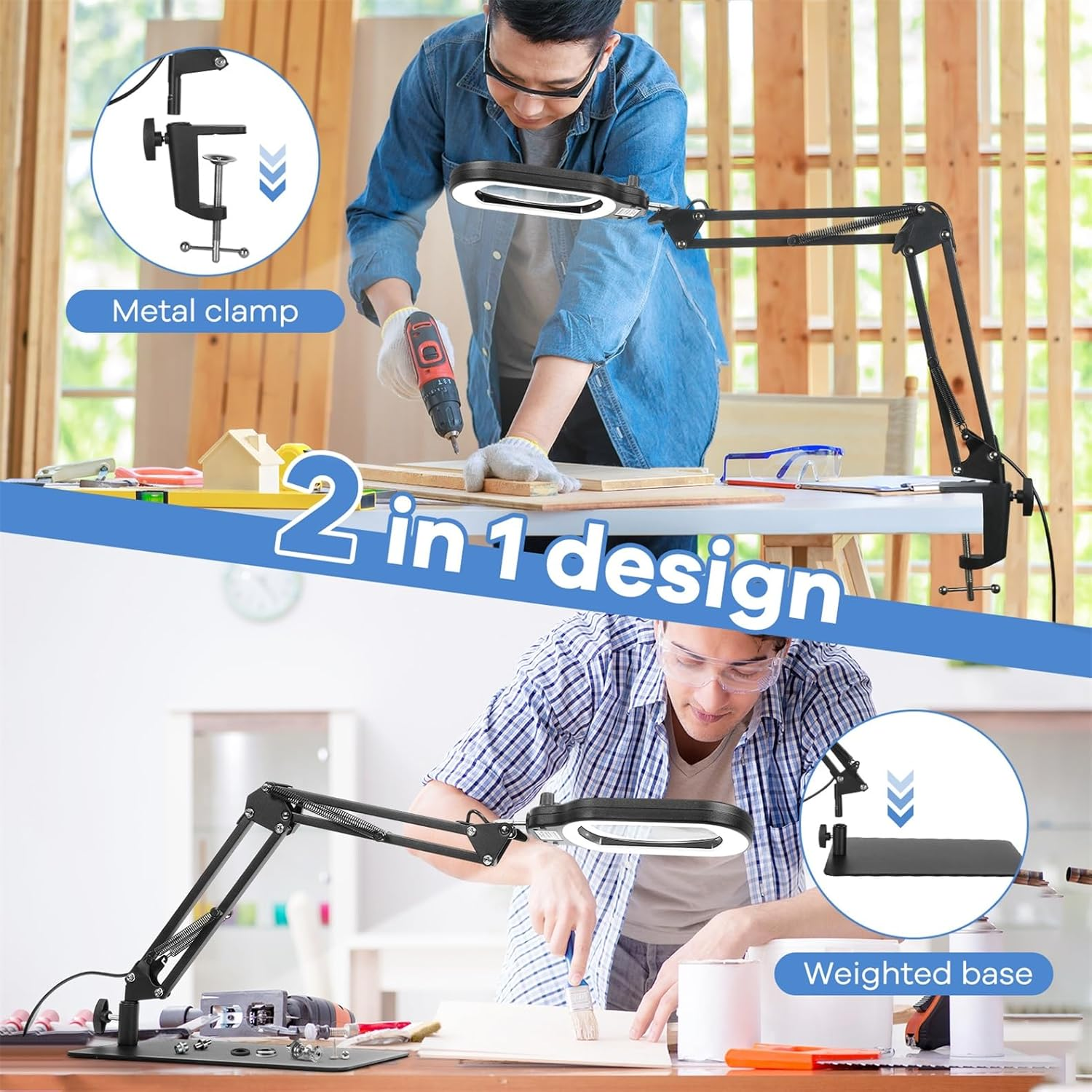 10X Rectangle Magnifying Glass with Light and Stand, Real Glass Lighted Magnifier Hands Free, Mechanical Knob 5 Color Modes Stepless Dimmable, 2-In-1 LED Desk Lamp with Clamp for Reading Hobby image number 1