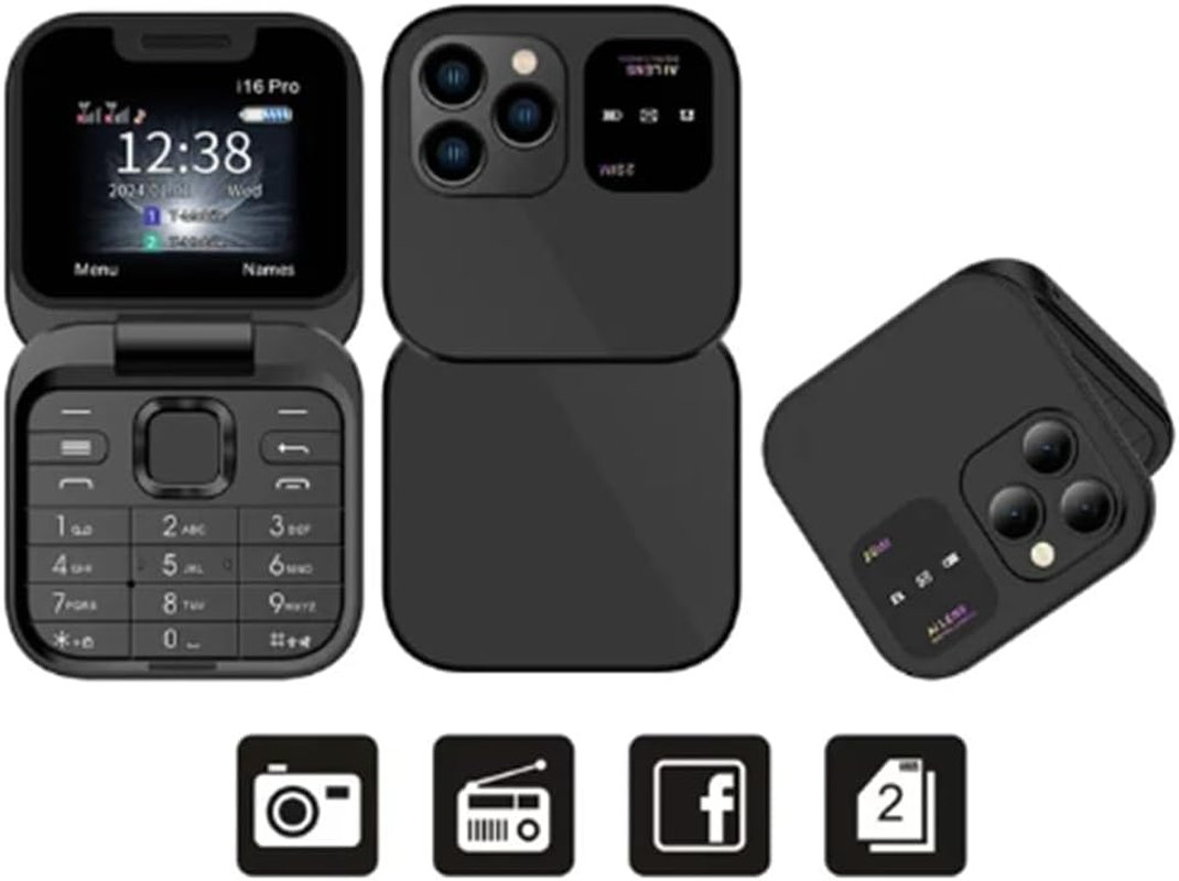 Mini Flip Mobile Phone FM Radio Voice Blacklist Speed Dial Vibration 2SIM Card Small Display Foldable Phone Easy Install (Black) image number 1