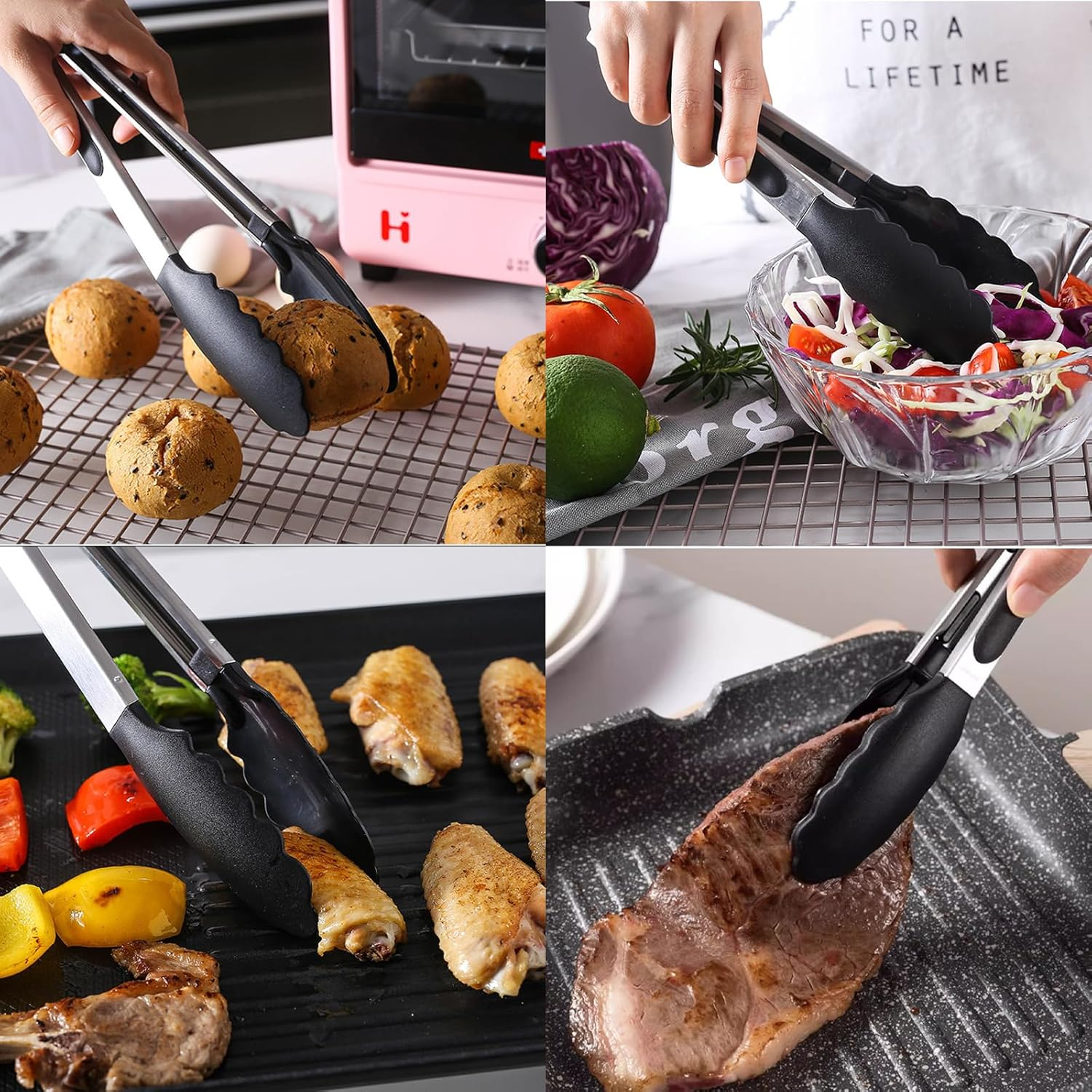 3Pcs (7", 9" & 12") Set Silicone Heat Resistant Kitchen Tongs,Premium Locking Cooking Tongs with Silicone Tips, Non-Slip Food Tongs for Cooking, Non-Stick, Stainless Steel Handle, image number 1