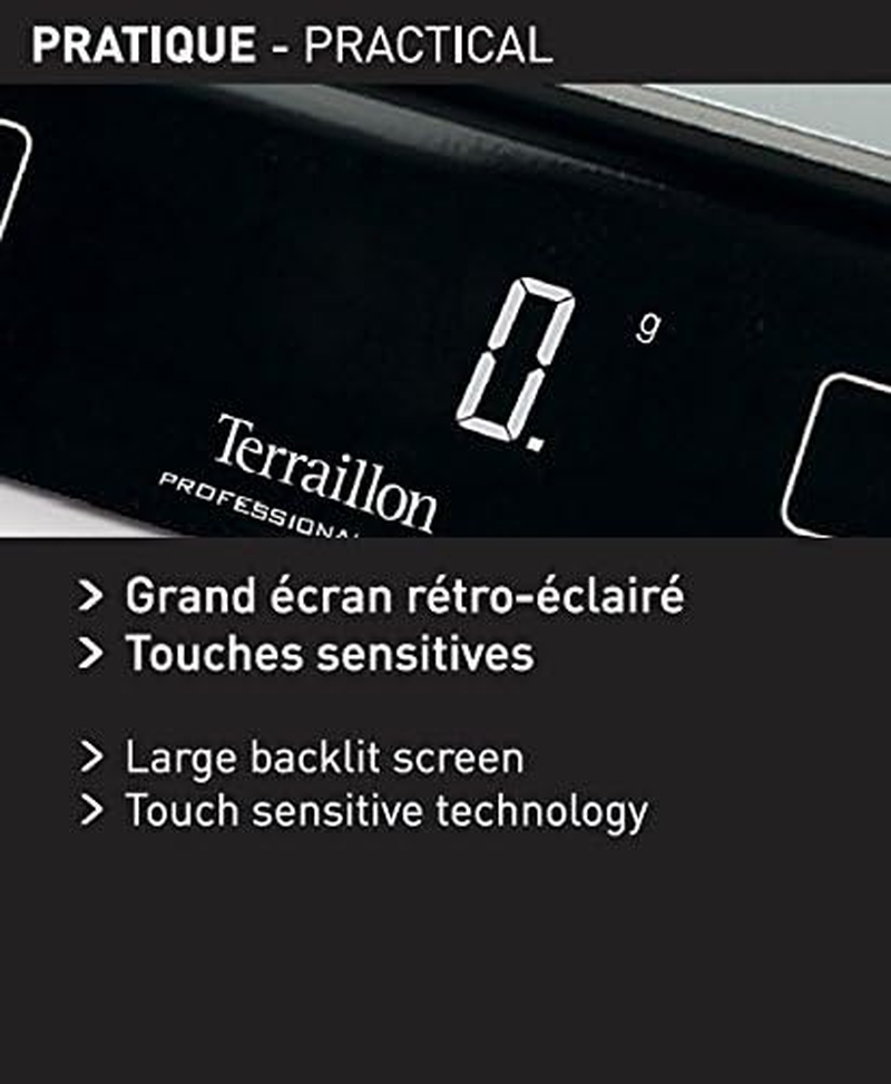 Terraillon 13792 Macaron Kitchen Scales, Tare, Liquid Conversions, Anti-Dust Coating, 10 Kg Capacity, Supreme, Silver/Black, Stainless Steel image number 4