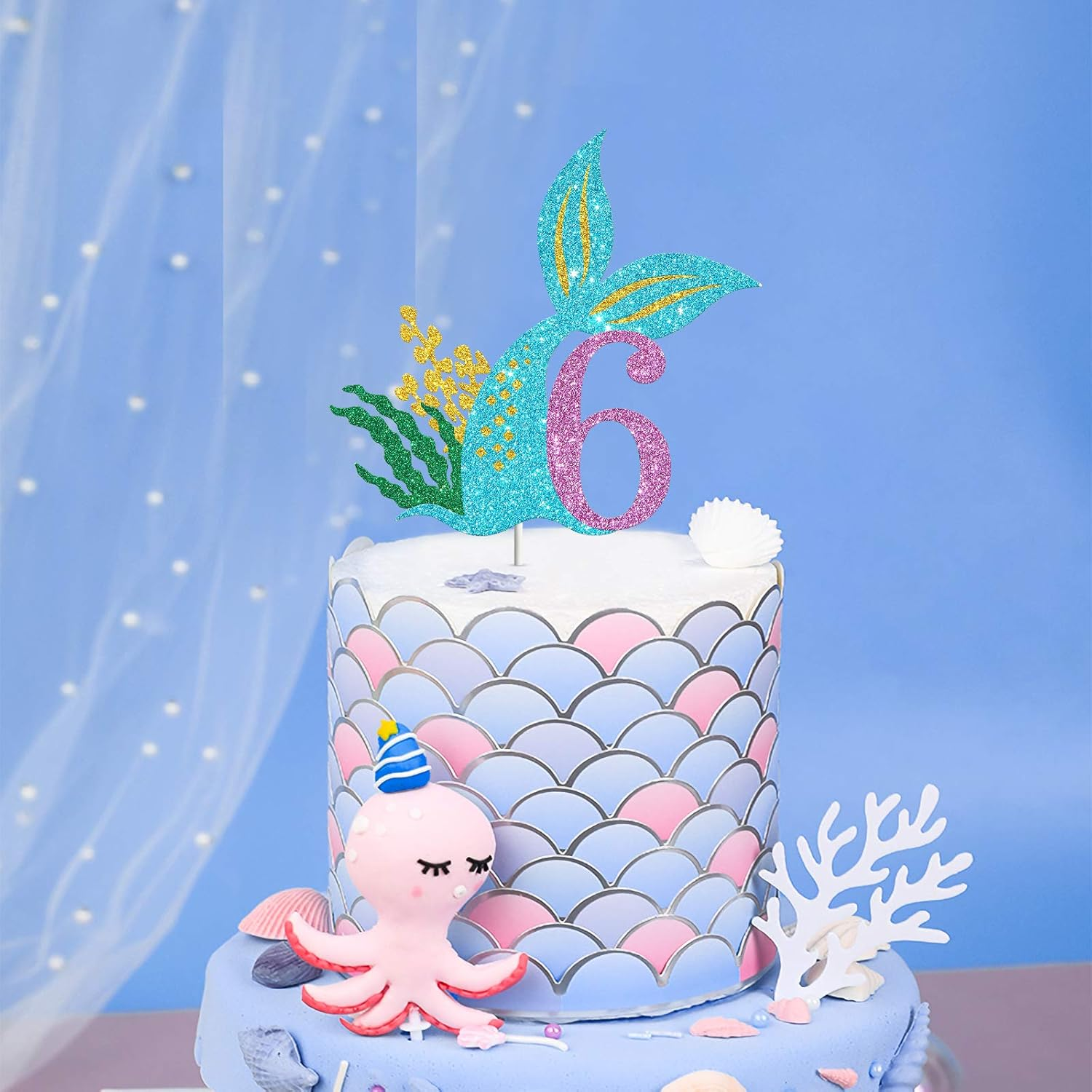 Mermaid Six Cake Topper, Happy 6Th Birthday Cake Decor, I'M Six Sign, Little Mermaid Birthday Party Decoration Supplies, Daughter of the Sea, under the Sea Themed, Ocean Themed - Glitter image number 1