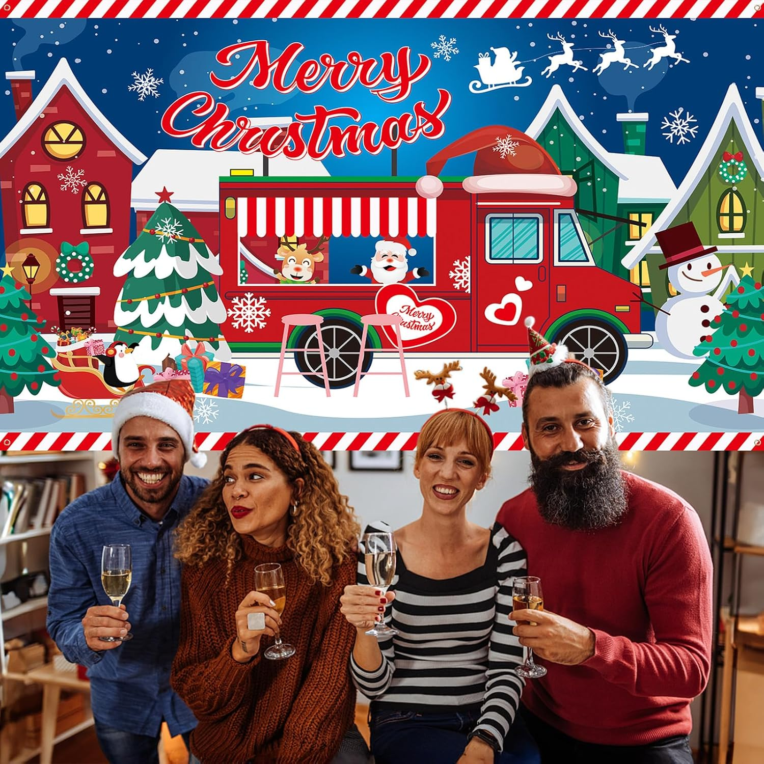 Xtralarge Christmas Banner, Merry Christmas Banner Outdoor with Santa Claus Reindeer Backdrop, Christmas Decorations Hanging Yard Banner Poster Sign for Outdoor Wall New Year Christmas Party Supplies - Blue Red - Trams image number 4