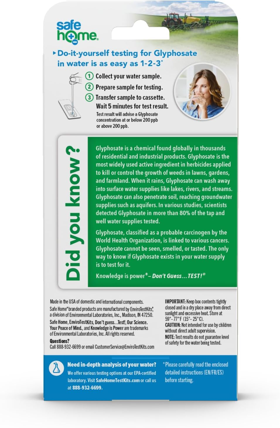 Safe Home DIY Glyphosate Test Kit - Detect Toxic Herbicide in Water, Soil, Fruits, Vegetables, and More - 5 Minute Test to 200 PPB - (1 Pack) image number 1