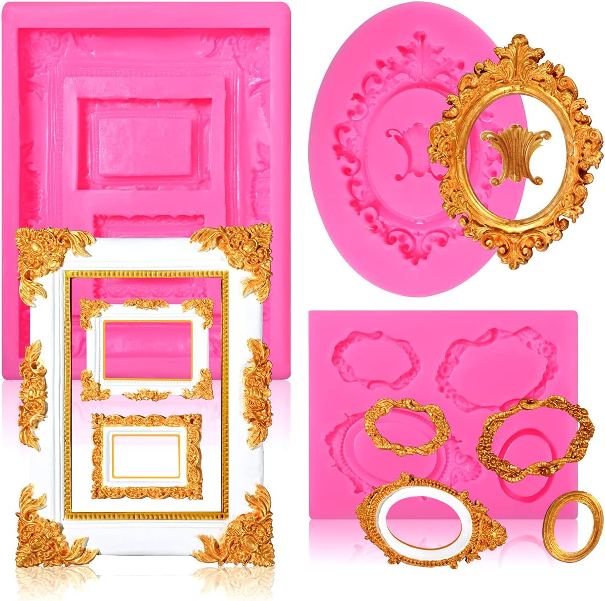 SAKOLLA Photo Frame Fondant Mold - 3 Pack Picture Frames Silicone Mold for Cake Decorating, Sugar, Gum Paste, Chocolate, Cookies, Resin, Polymer Clay - Pink image number 6