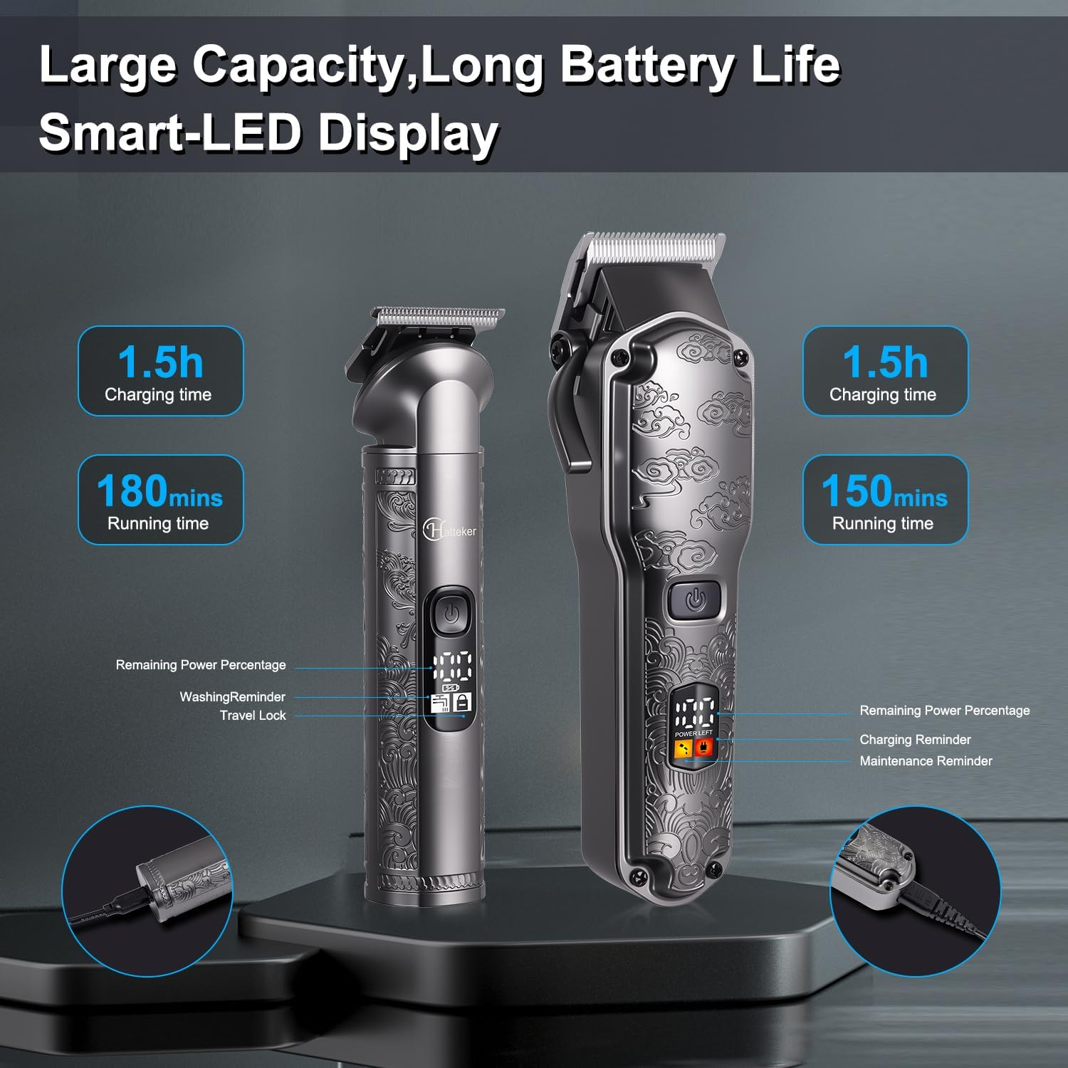 Hatteker Professional Hair Clippers for Men Beard Trimmer Clippers Set Waterproof T-Blade Trimmer Cordless Grooming Kit Nose Body Hair Barber Clippers Hair Cutting Kit image number 1